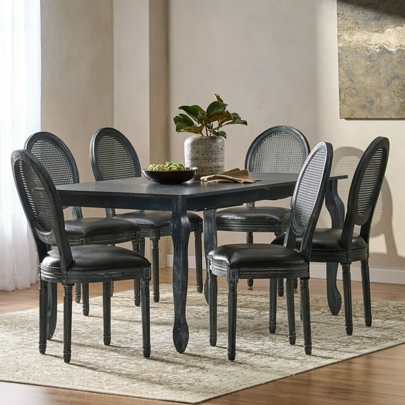 Noble House Marlette Faux Leather Upholstered Wood, and Cane Expandable 7 Piece Dining Set, Gray and Midnight Black