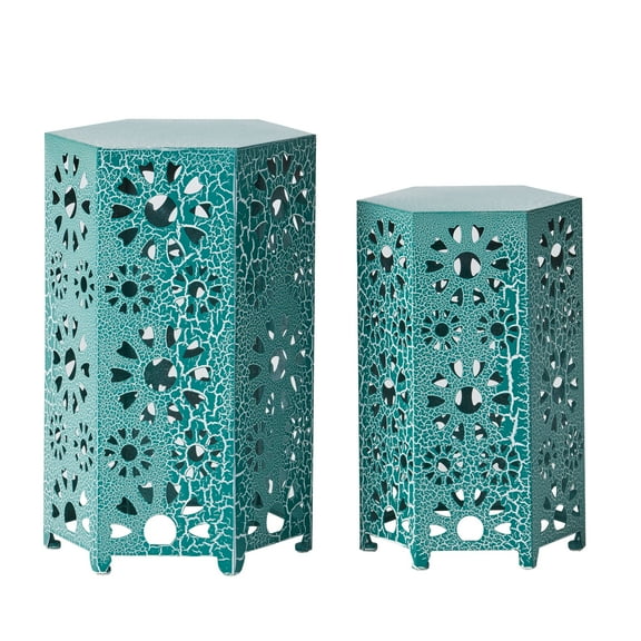 Noble House Marshall Stylish Nestable Iron Tubing Round End Table, Crackle Teal