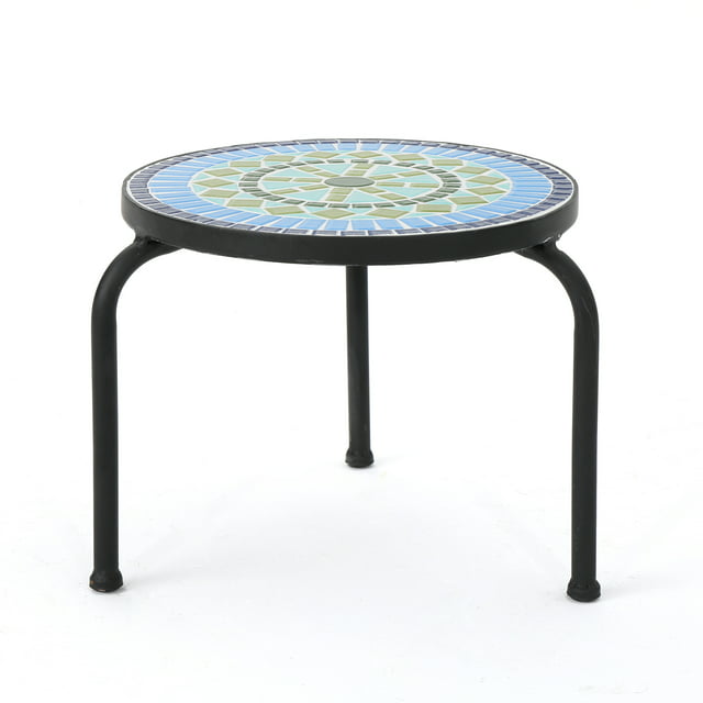 Noble House Martina Outdoor Ceramic Tile Side Table with Iron Frame, Blue and Green