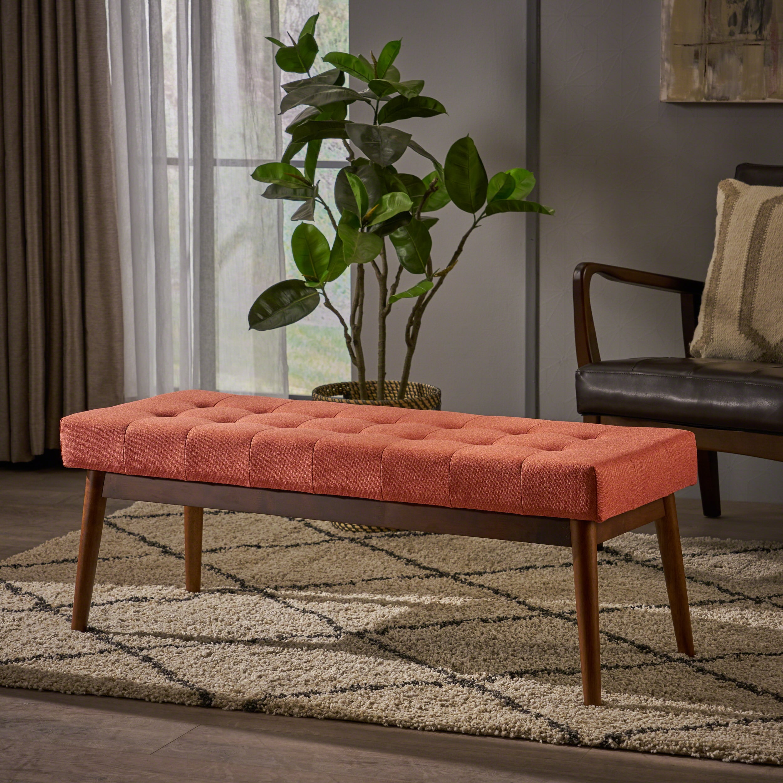 Noble House Marvin Mid Century Tufted Fabric Ottoman, Coral, Walnut