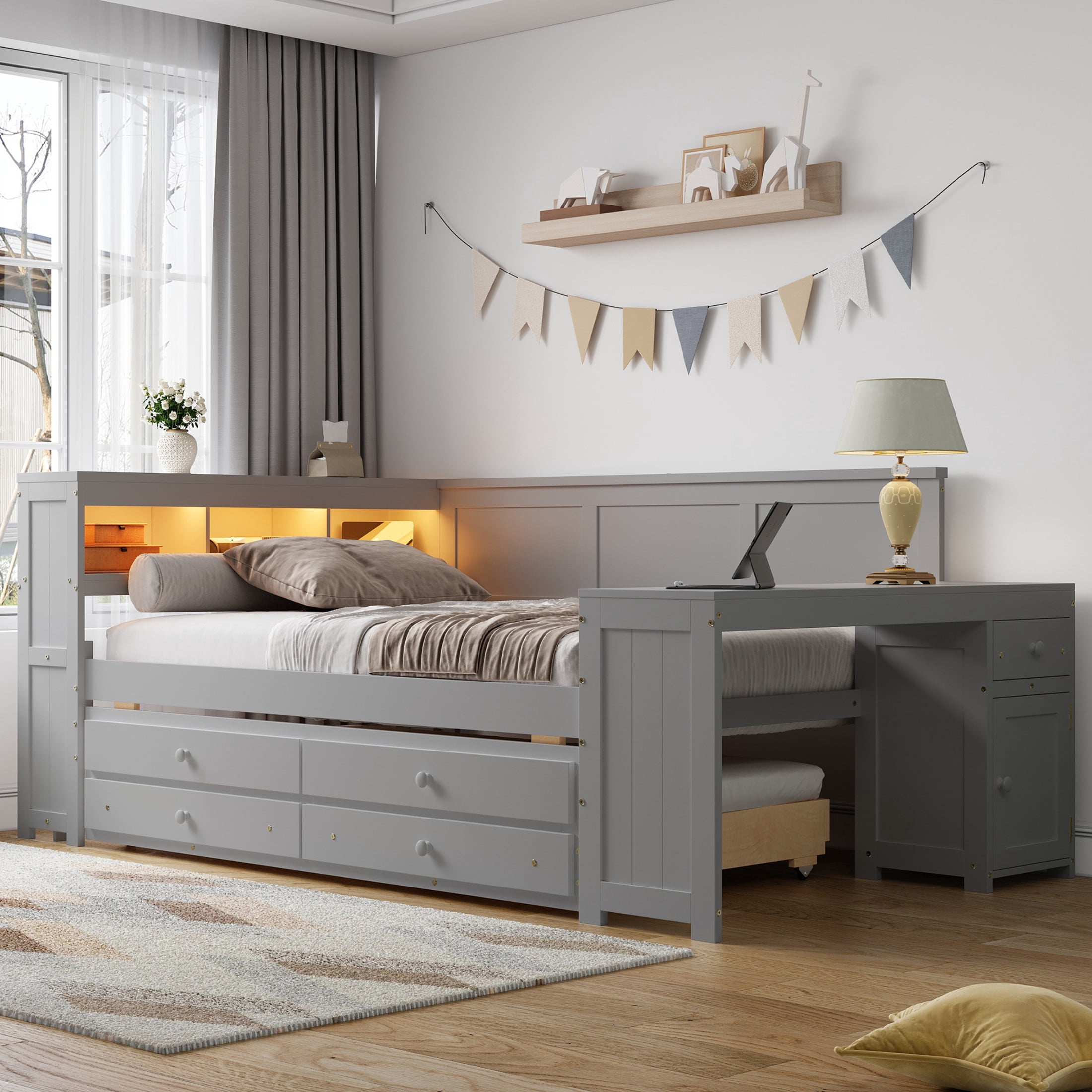Noble House Maud Full Daybed with Trundle, Storage Shelves, Drawers, Charging Station, LED Light, Built-in Desk, Gray