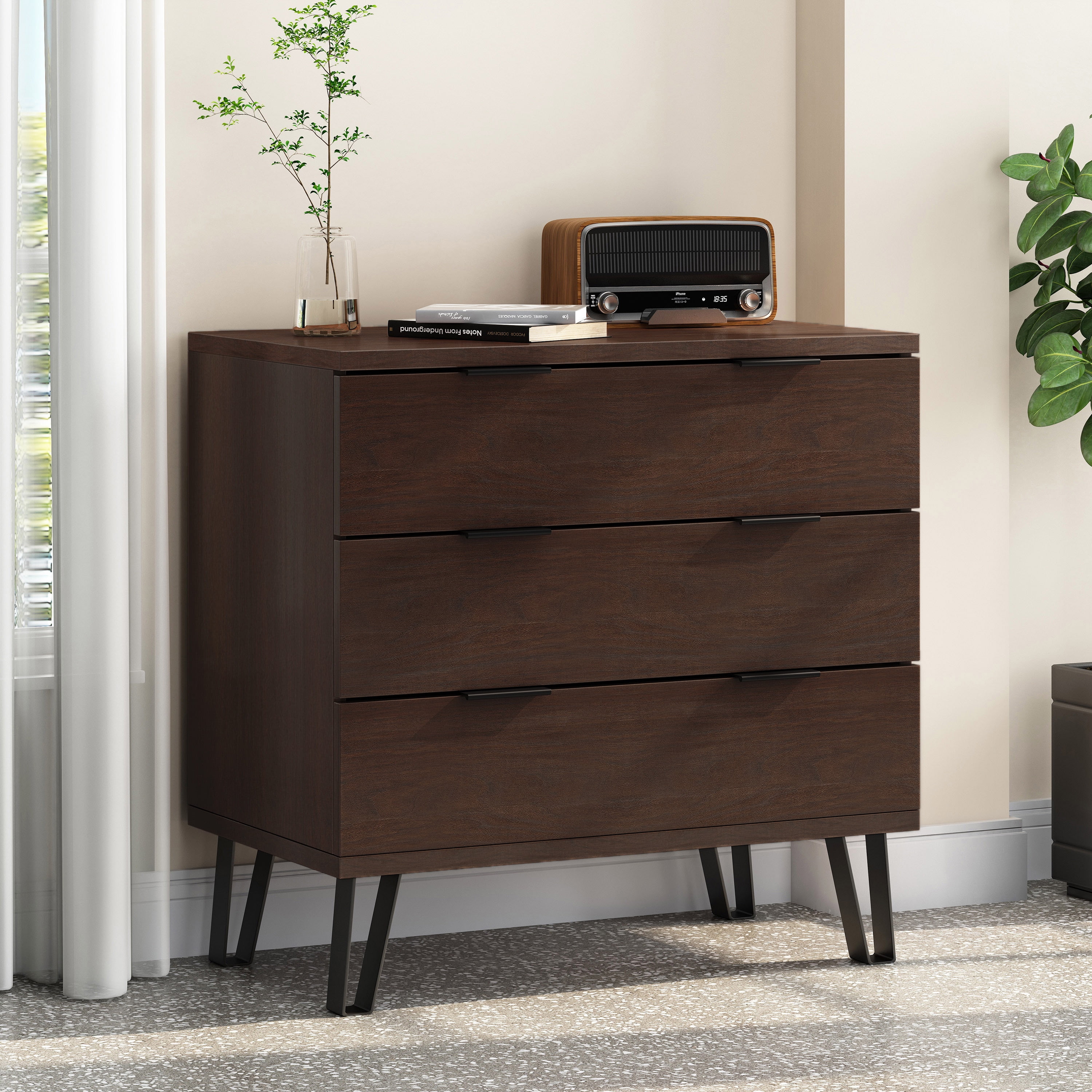 Noble House Maurers Faux Wood 3 Drawer Wide Dresser Walnut and
