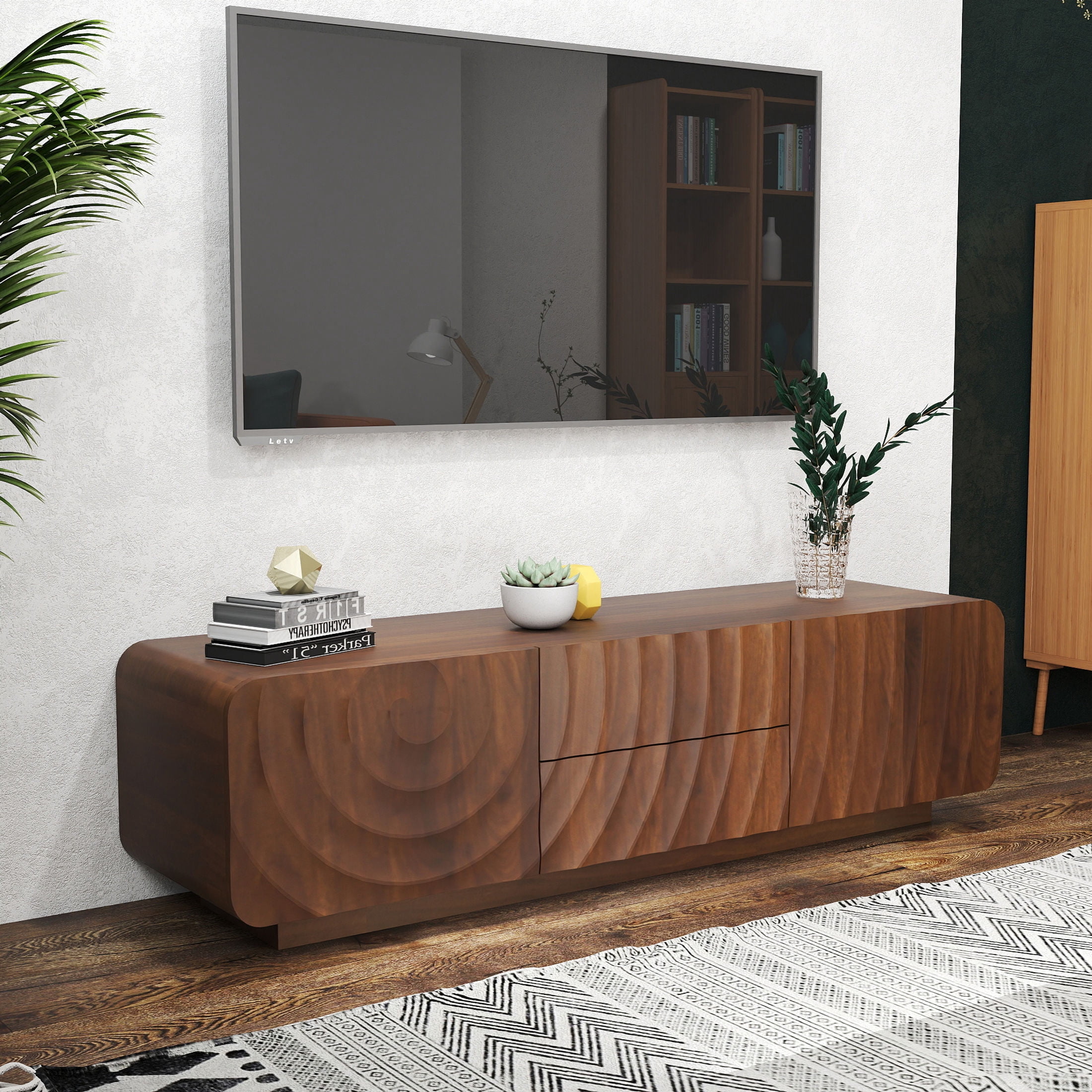 Noble House Mavor 58" Modern TV Stand Console with Storage Drawers, Spiral Wave Pattern Cabinet for Living Room, Walnut