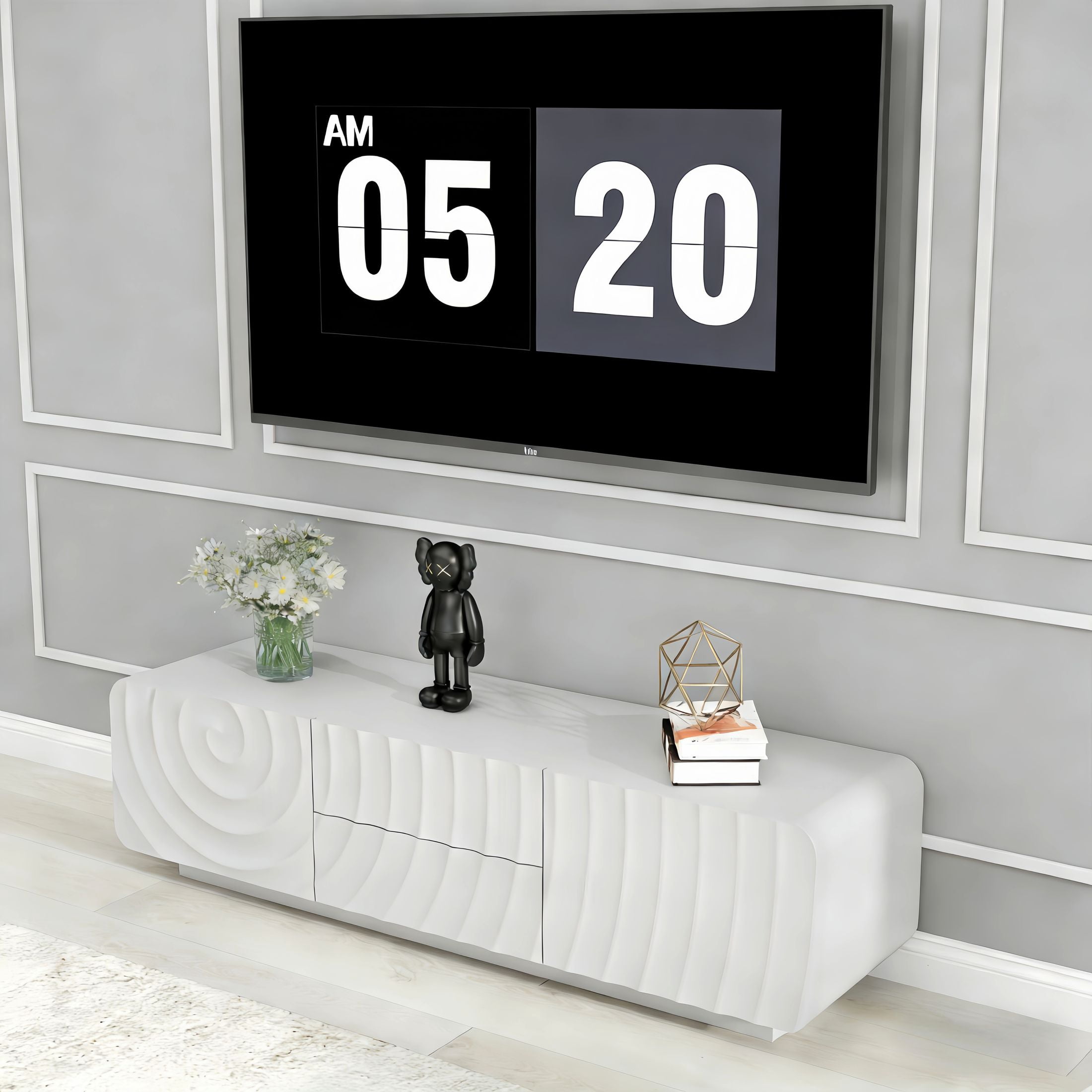 Noble House Mavor 58" Modern TV Stand Console with Storage Drawers, Spiral Wave Pattern Cabinet for Living Room, White