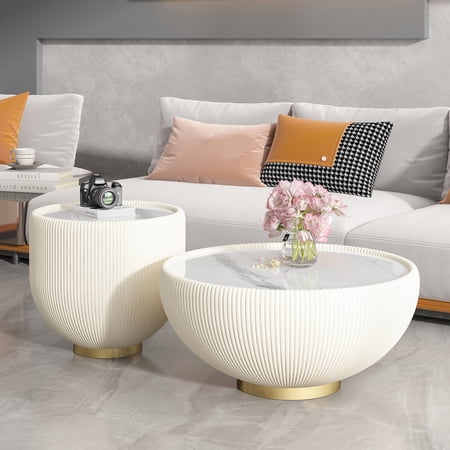 Noble House Mavora Round Marble Side Table with PU Leather Edge and Metal Base, Luxury Coffee Table, Gold & Beige