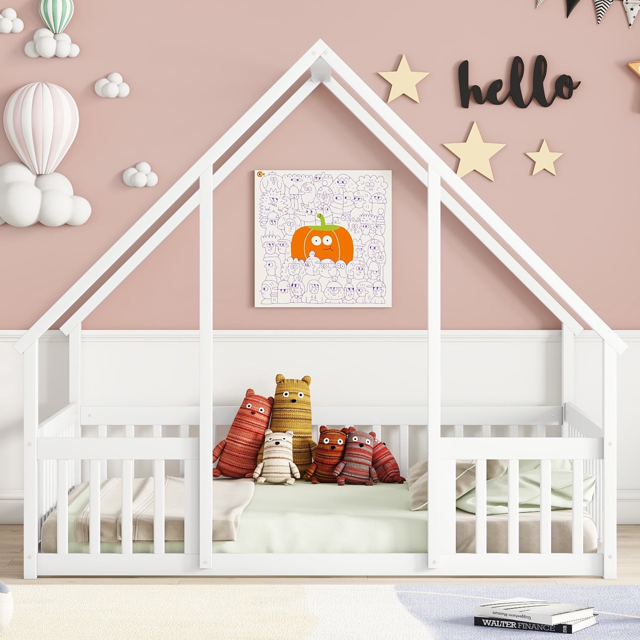 Noble House May Full Size Floor Bed with House-Shaped Roof Frame and Fence Guardrails, Solid Pine Wood Frame, White