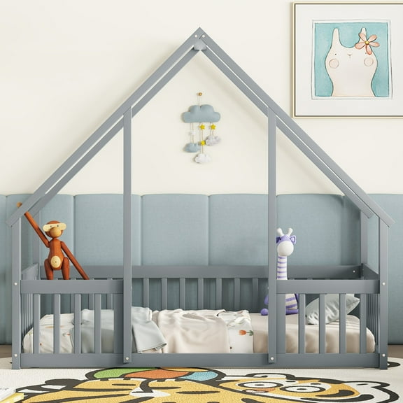 Noble House May Twin Floor Bed with House-Shaped Roof Frame and Fence Guardrails, Solid Pine Wood Frame, Grey