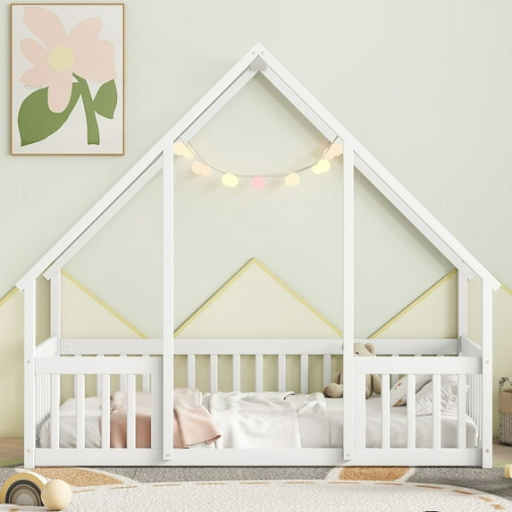 Noble House May Twin Floor Bed with House-Shaped Roof Frame and Fence Guardrails, Solid Pine Wood Frame, White