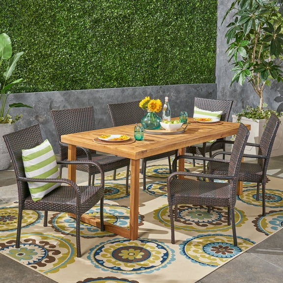 Noble House Mayhill 7 Piece Outdoor Acacia Wood Dining Set in Sandblast Natural