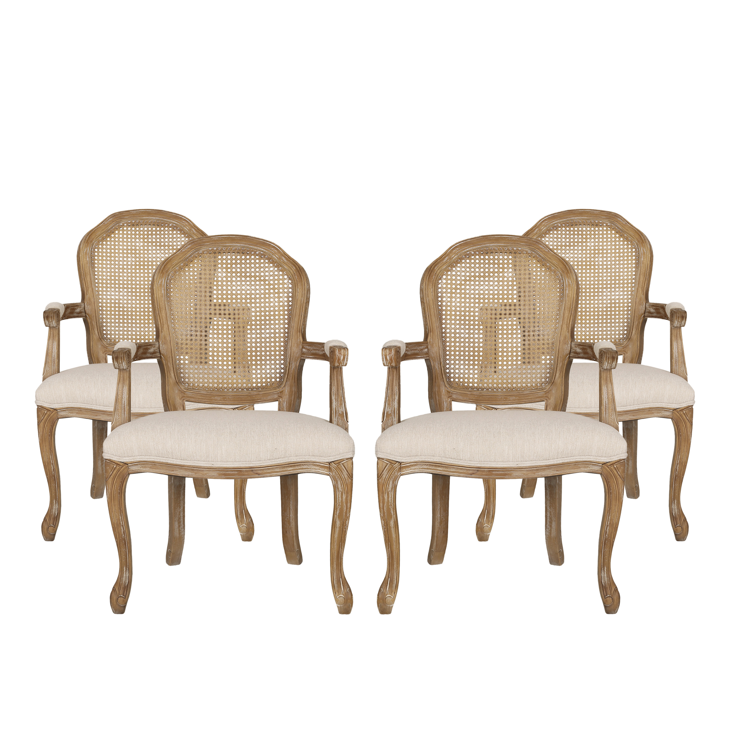 Noble House McKone French Wood and Cane Upholstered Dining Chair, Set of 4, Beige