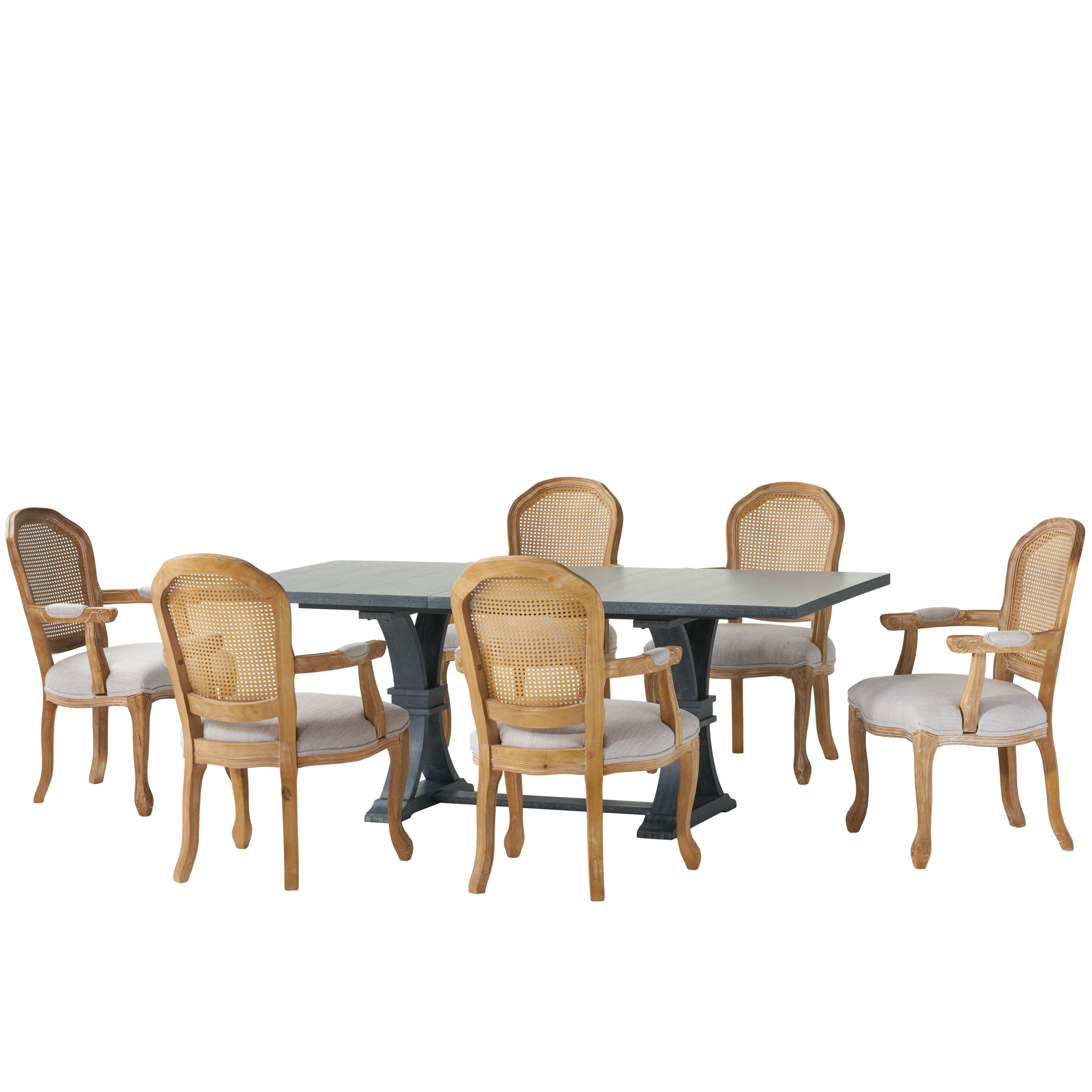 Noble House McKone Wood and Cane 7 Piece Expandable Dining Set, Light