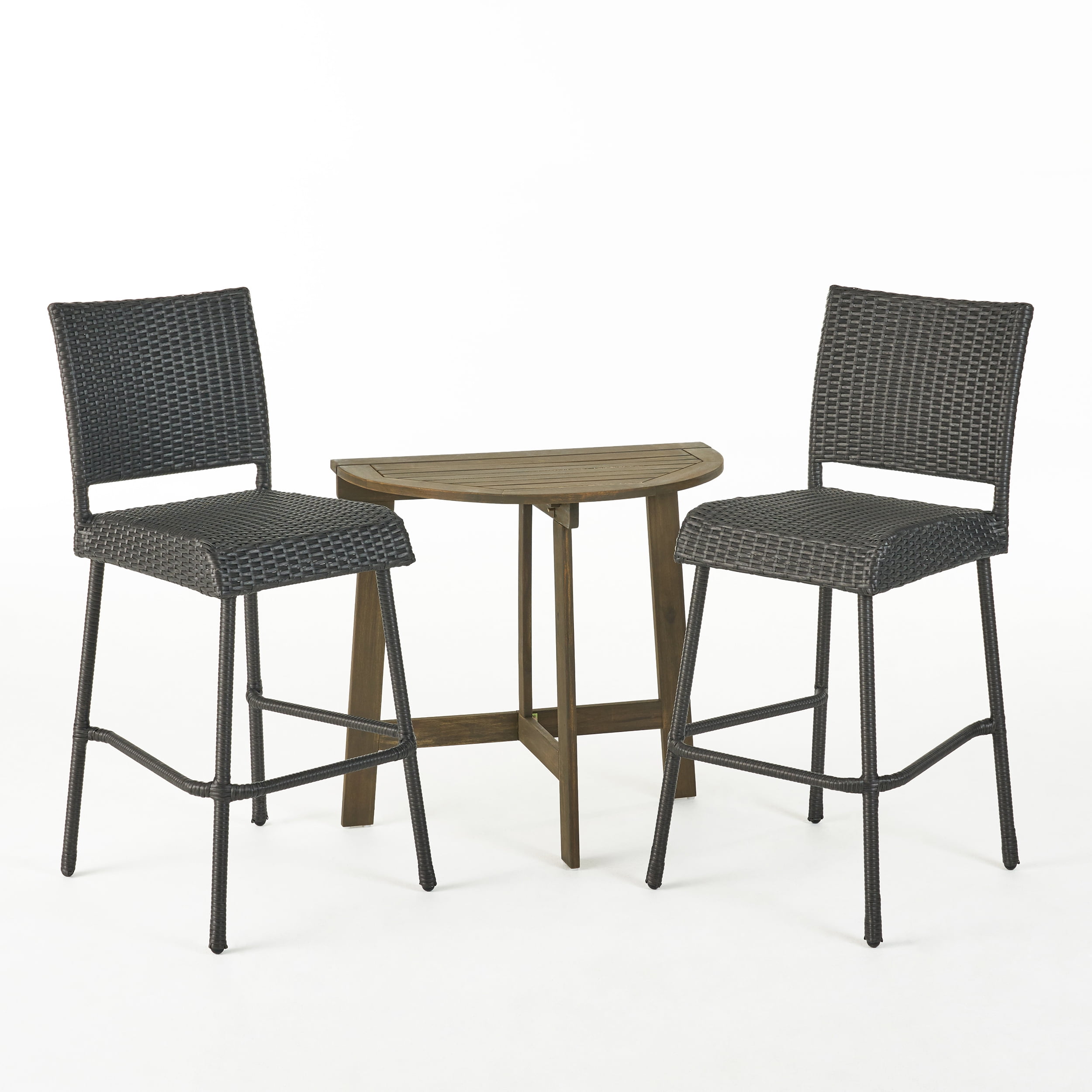 Hank Outdoor 2 Seater Wood and Wicker Half-Round Bistro Set with Folding Table, Gray