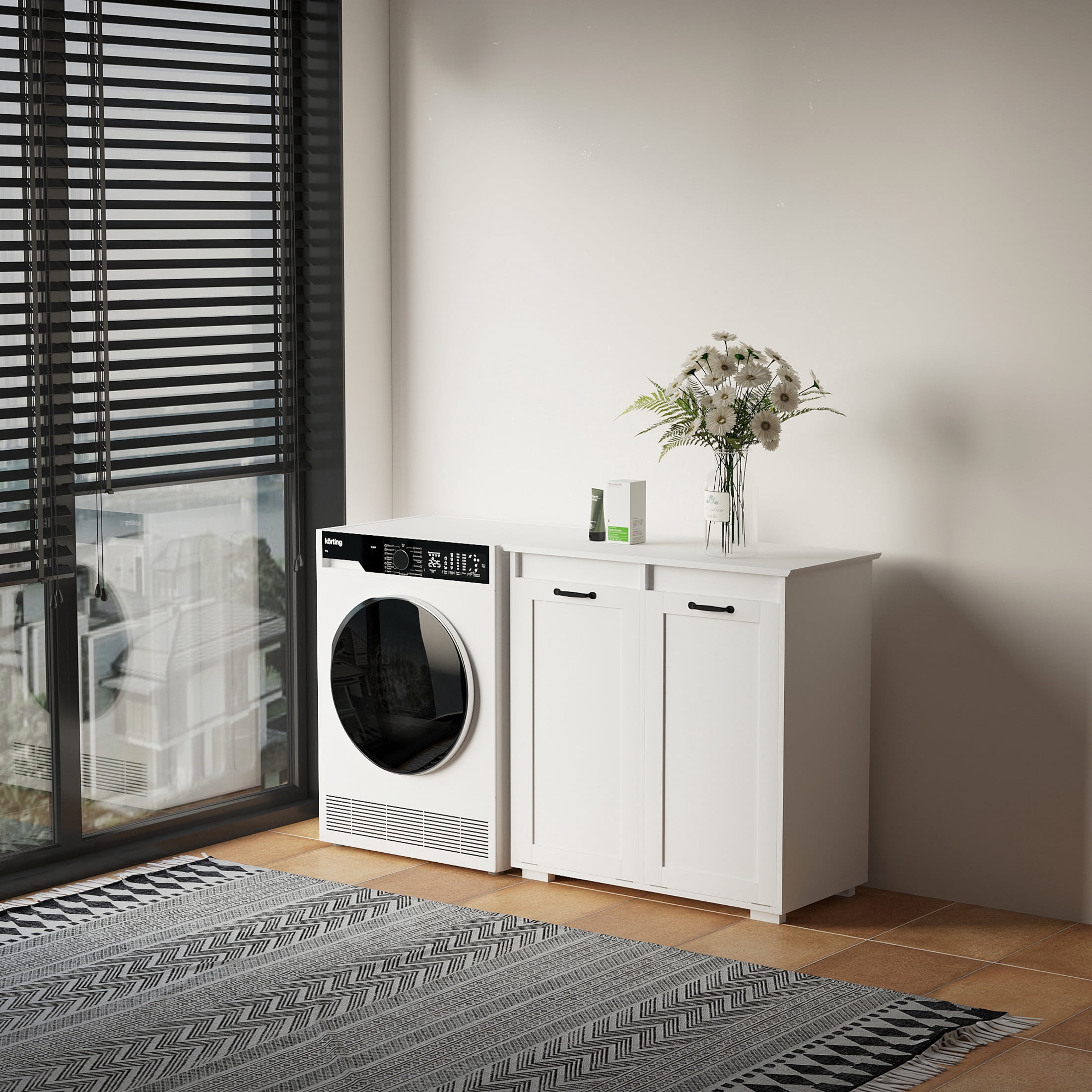 Noble House Merle 31.5" Laundry Cabinet, Removable Liner Bags, Tilt-Door Hamper, Wooden Bathroom Cabinet, White