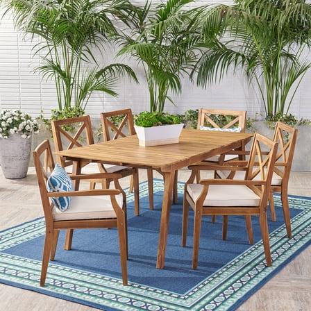 Noble House Mesa 7 Piece Wooden Patio Dining Set in Teak and Cream