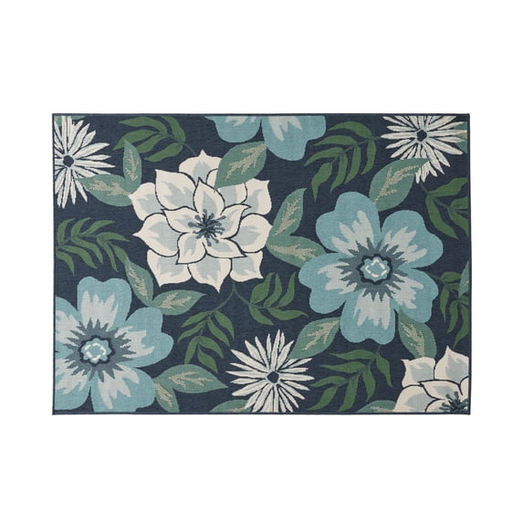 Noble House Meza Outdoor 84 x 63" Floral Area Rug in Blue and Green