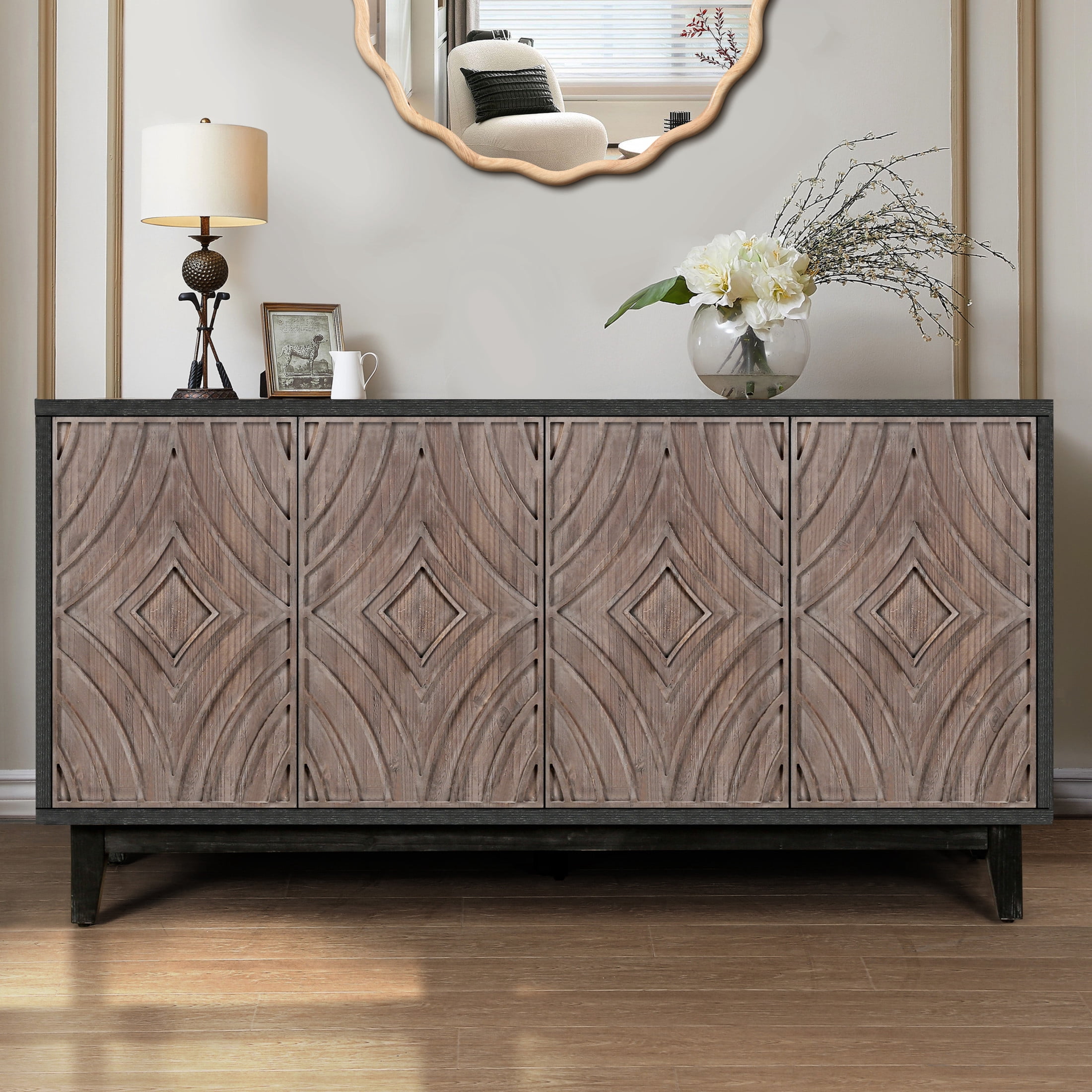 Noble House Mid-Century Buffet Sideboard, 4-Door Diamond Pattern Credenza with Solid Wood Legs and Storage Shelves, Antique Brown