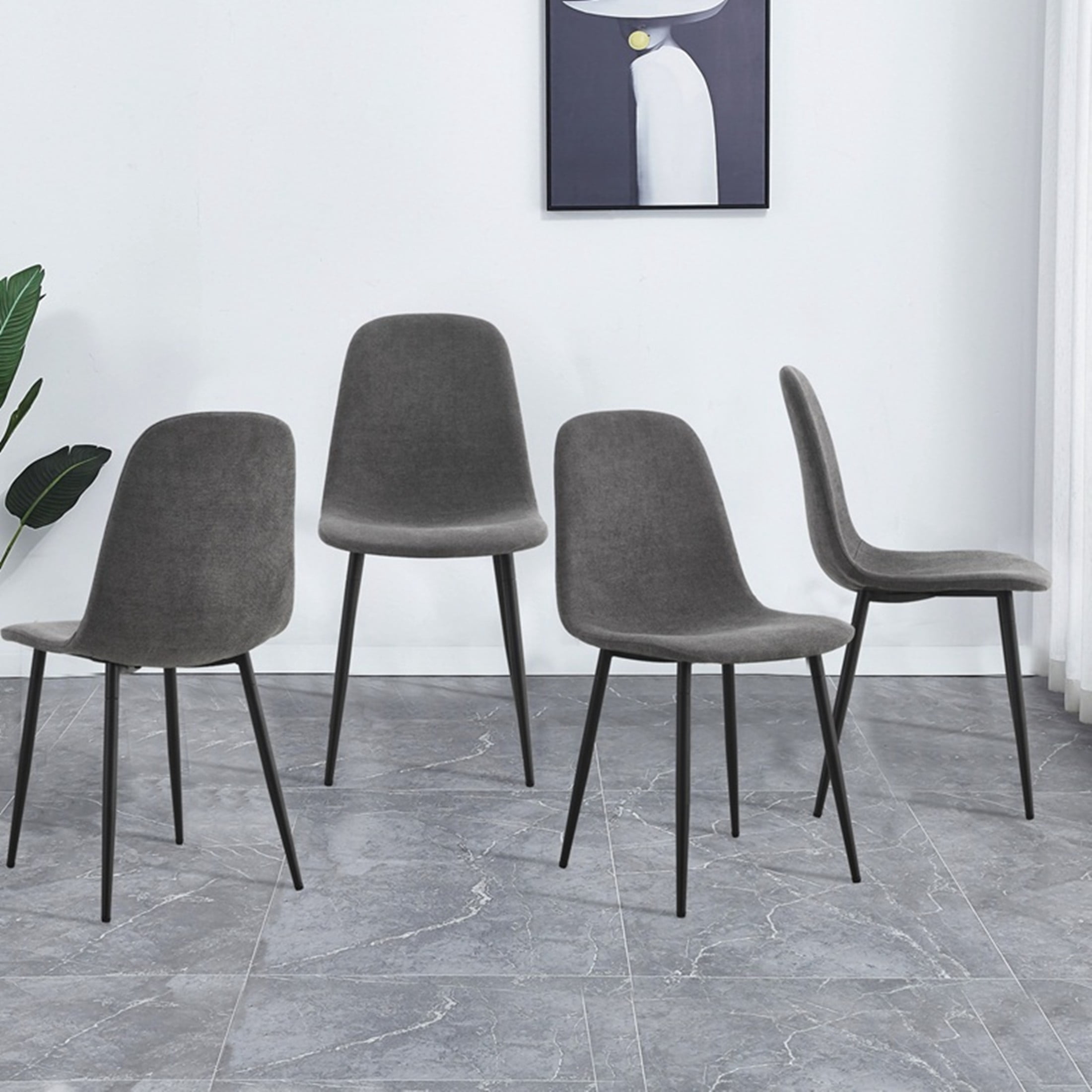 Noble House Mid-Century Dining Chairs, Linen-Cotton Upholstery, Black Metal Legs, Kitchen, Dark Gray, Set of 4