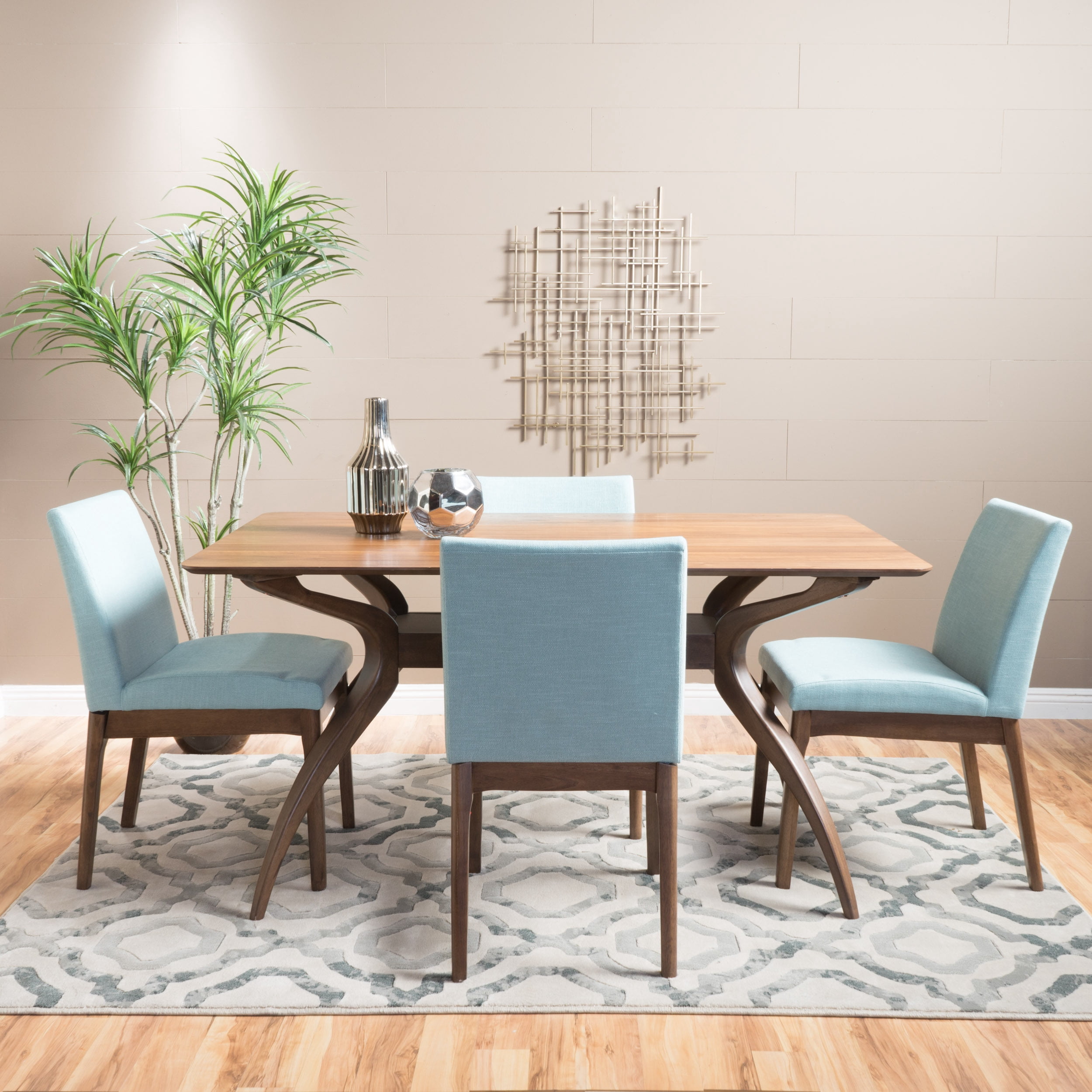 Noble House Mid-Century Modern 5 Piece Dining Set, Mint and Walnut