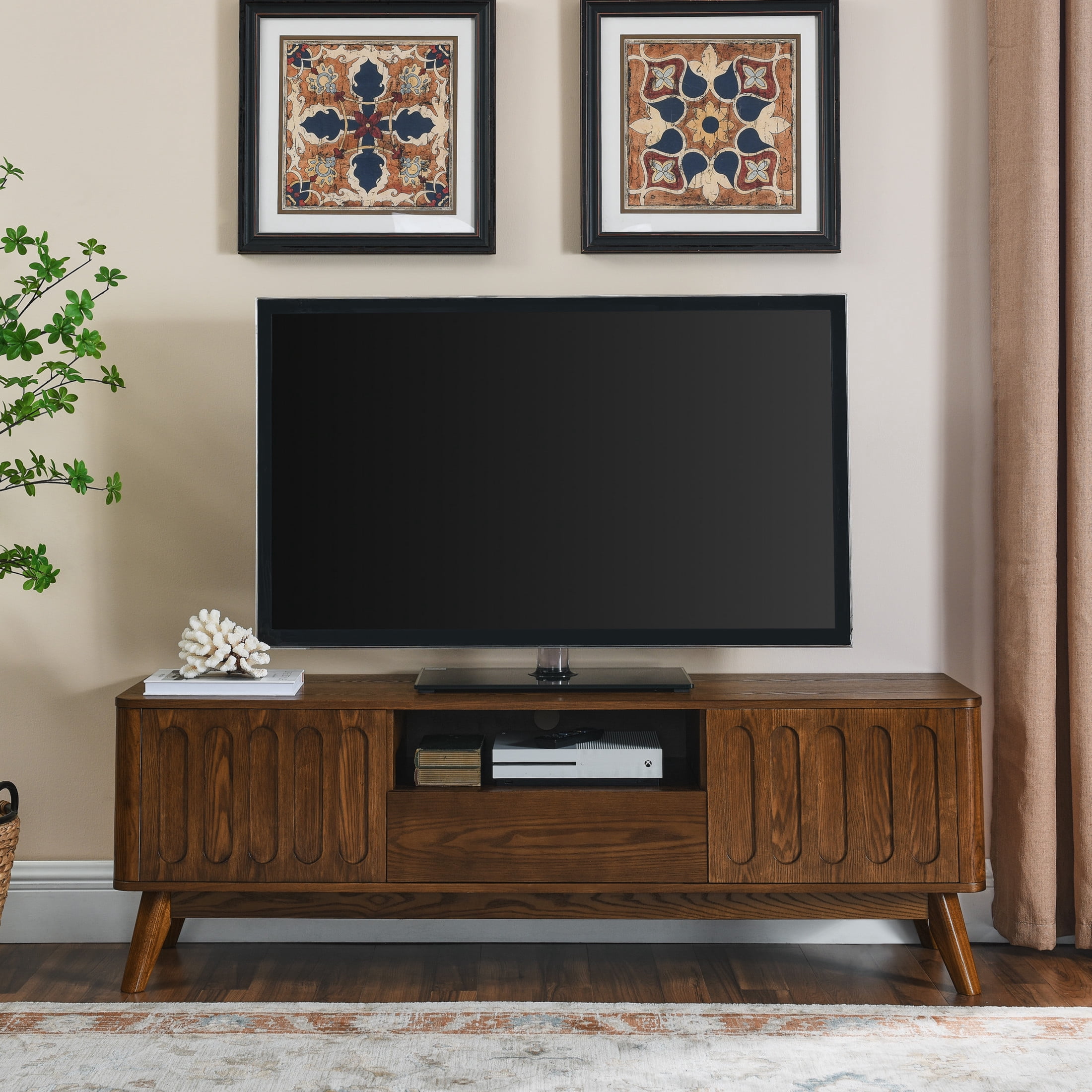Noble House Mid-Century Modern Fluted TV Stand for 65" TV, Entertainment Console with Storage, Solid Wood Legs, Walnut