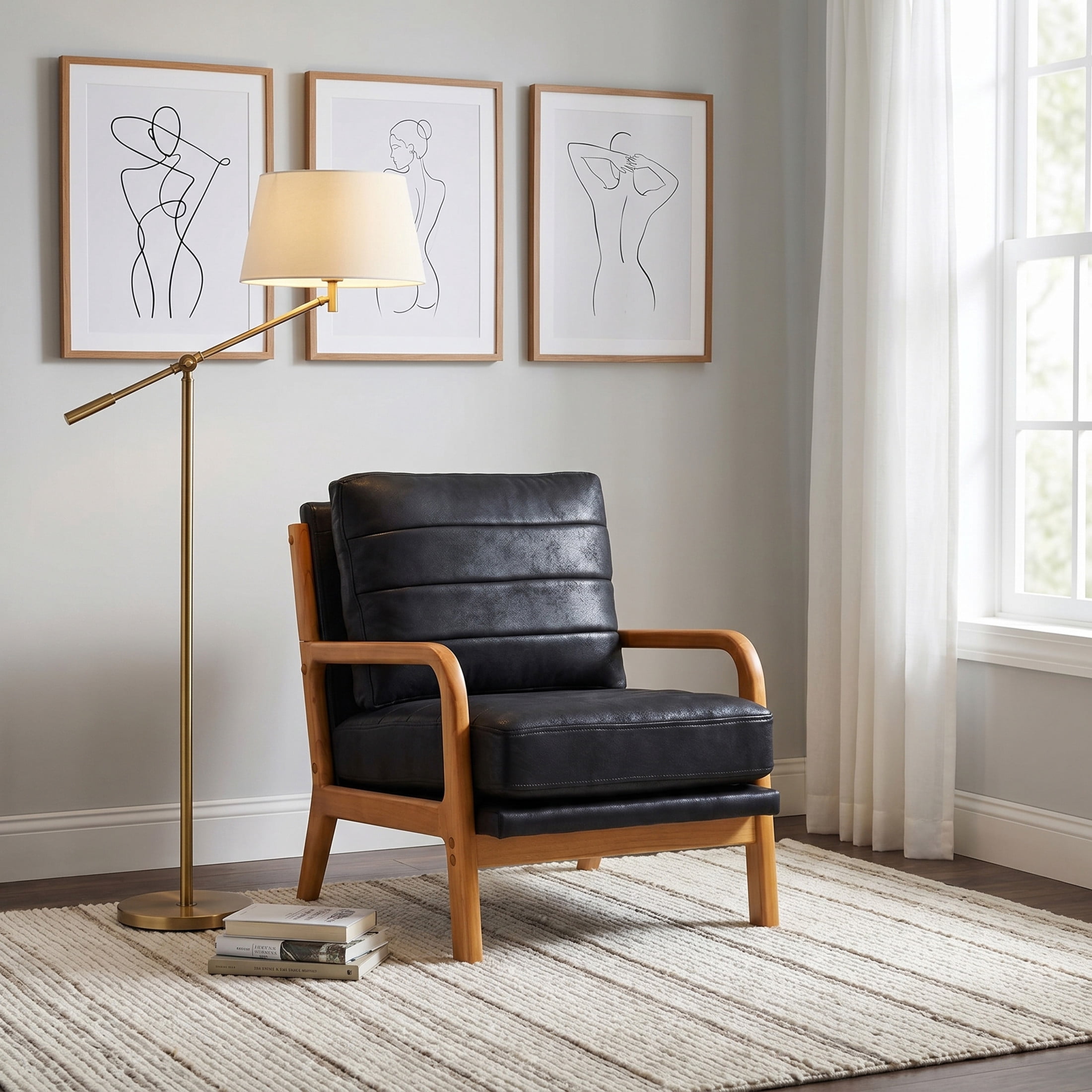 Noble House Mid-Century Modern Foil Fabric Upholstered Accent Chair, Solid Wood Frame, Black