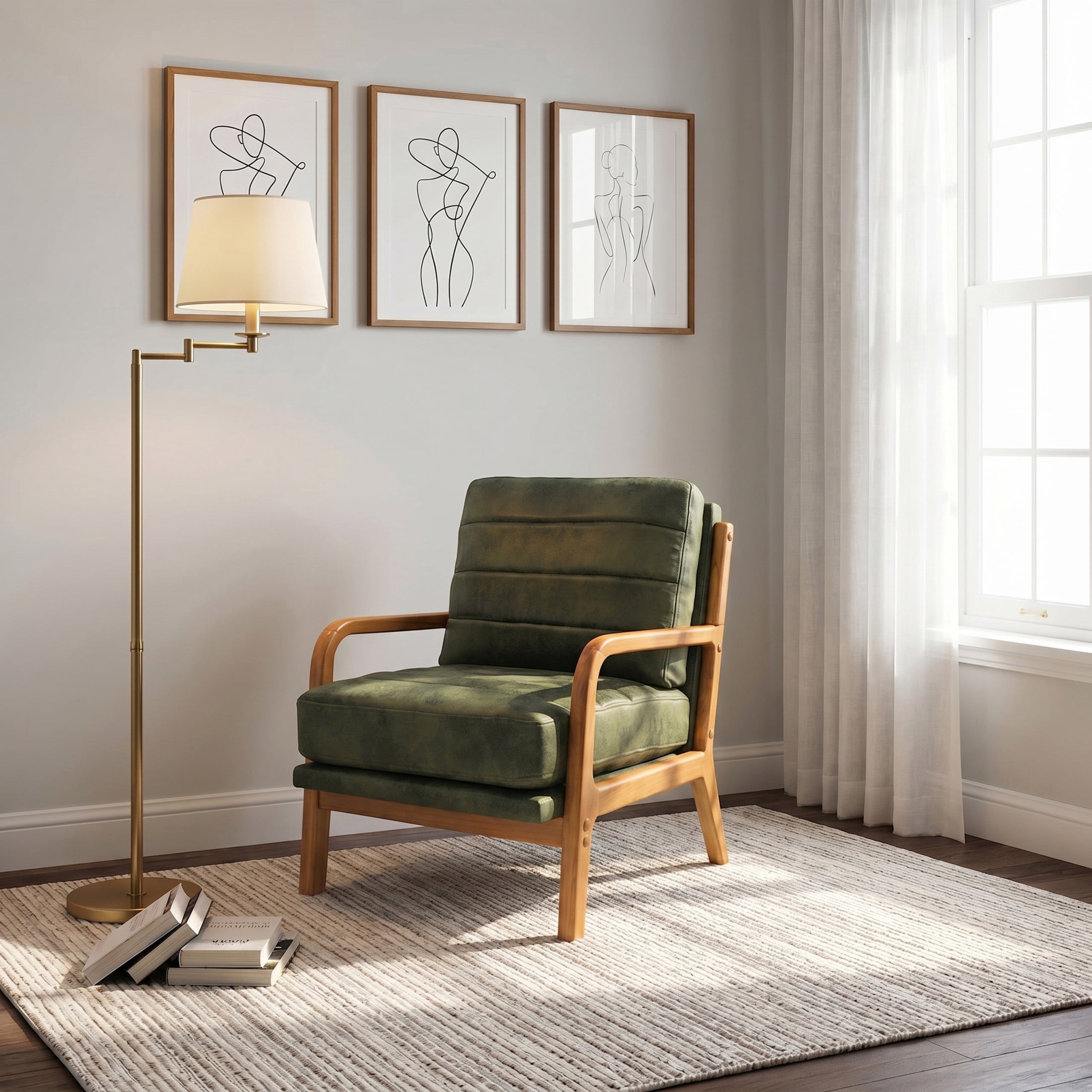 Noble House Mid-Century Modern Foil Fabric Upholstered Accent Chair, Solid Wood Frame, Olive Green