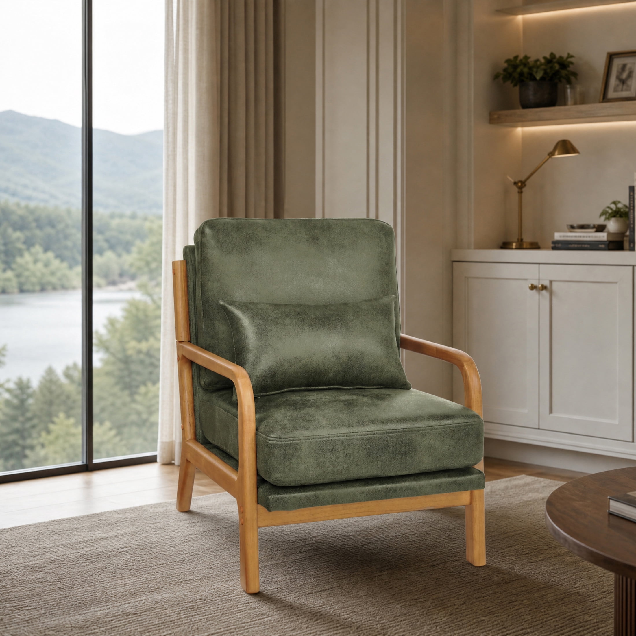 Noble House Mid-Century Modern Lounge Chair, Foil Fabric Upholstered Accent Chair, Olive Green
