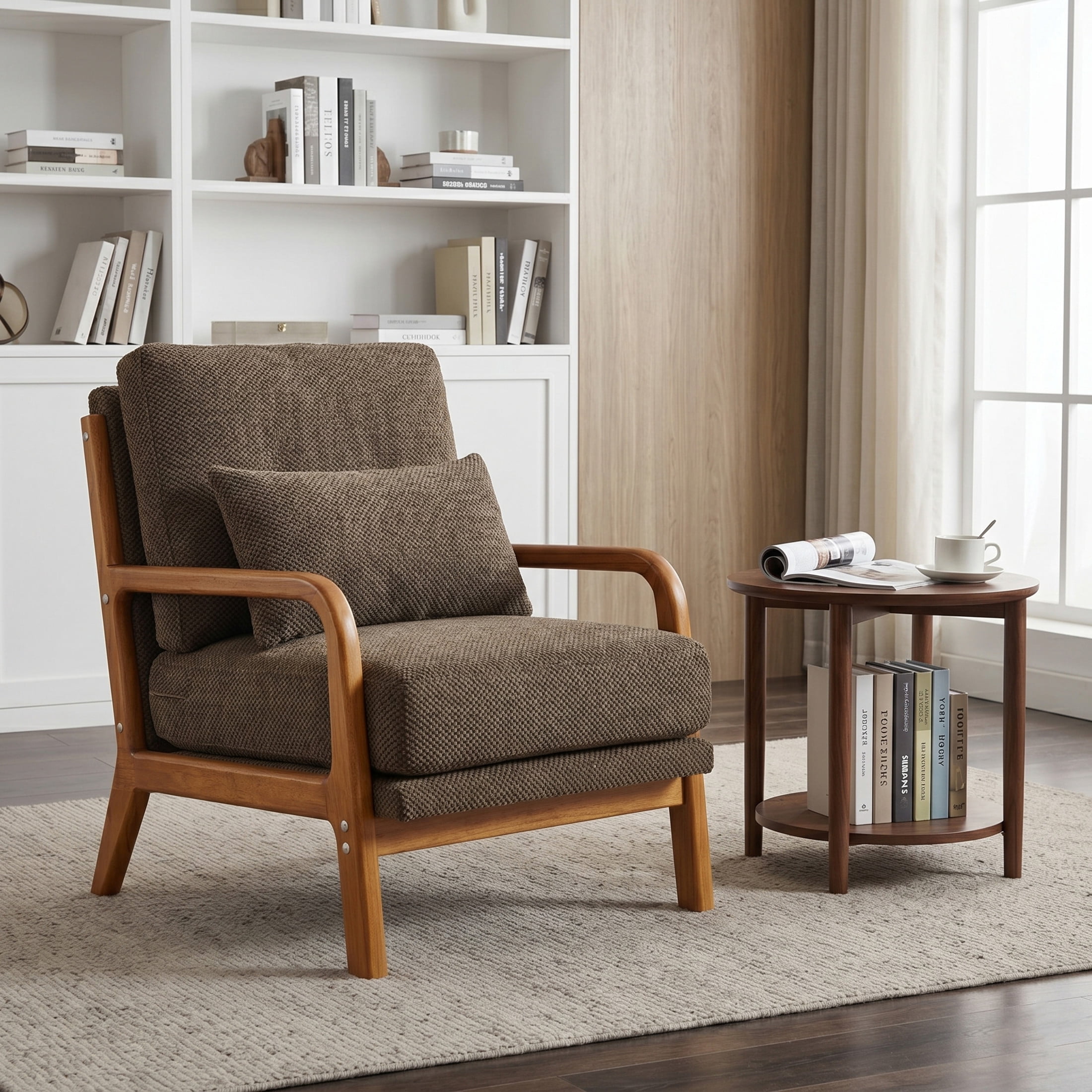 Noble House Mid-Century Modern Lounge Chair, Upholstered Accent Armchair with Solid Wood Frame, Coffee