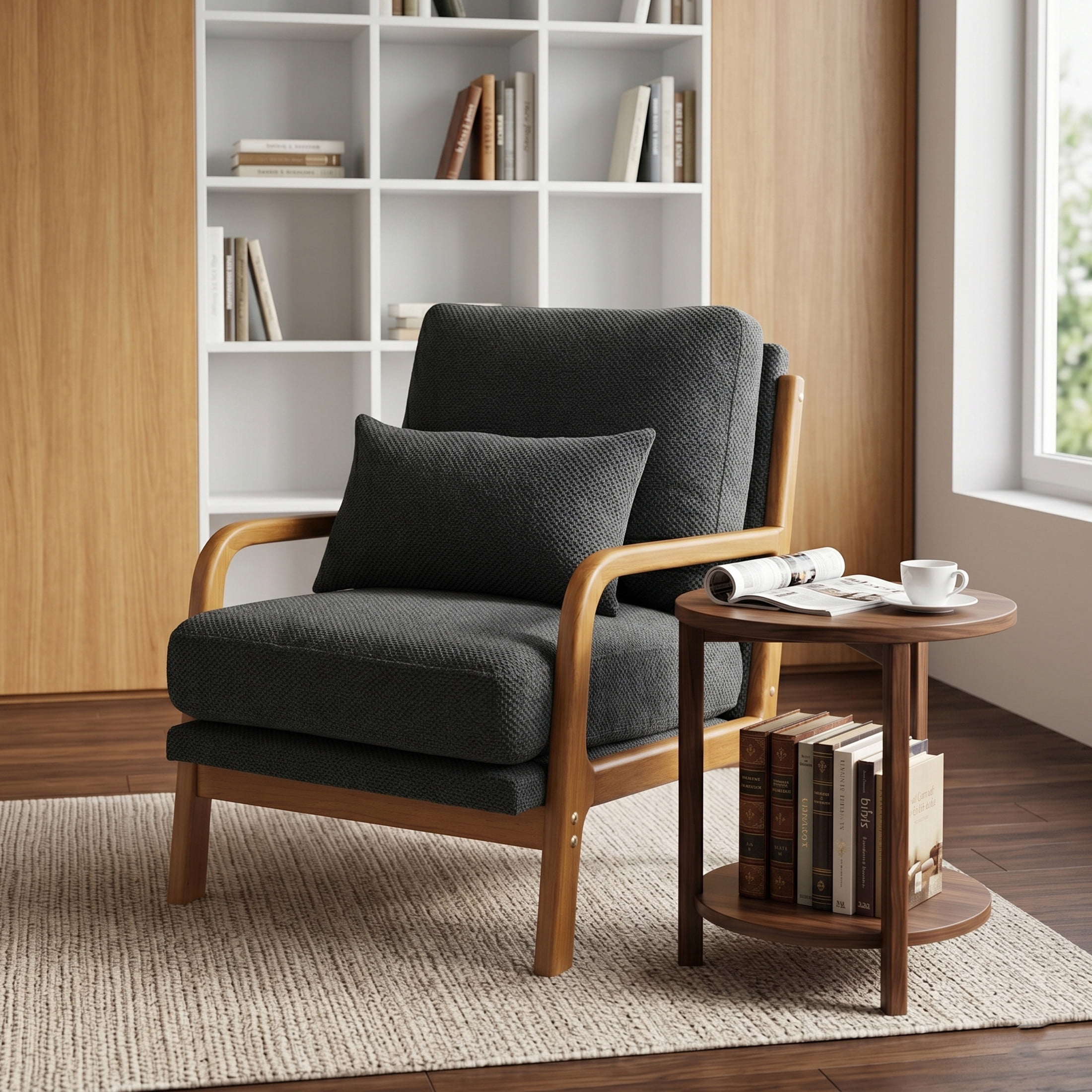 Noble House Mid-Century Modern Lounge Chair, Upholstered Accent Armchair with Solid Wood Frame, Dark Gray