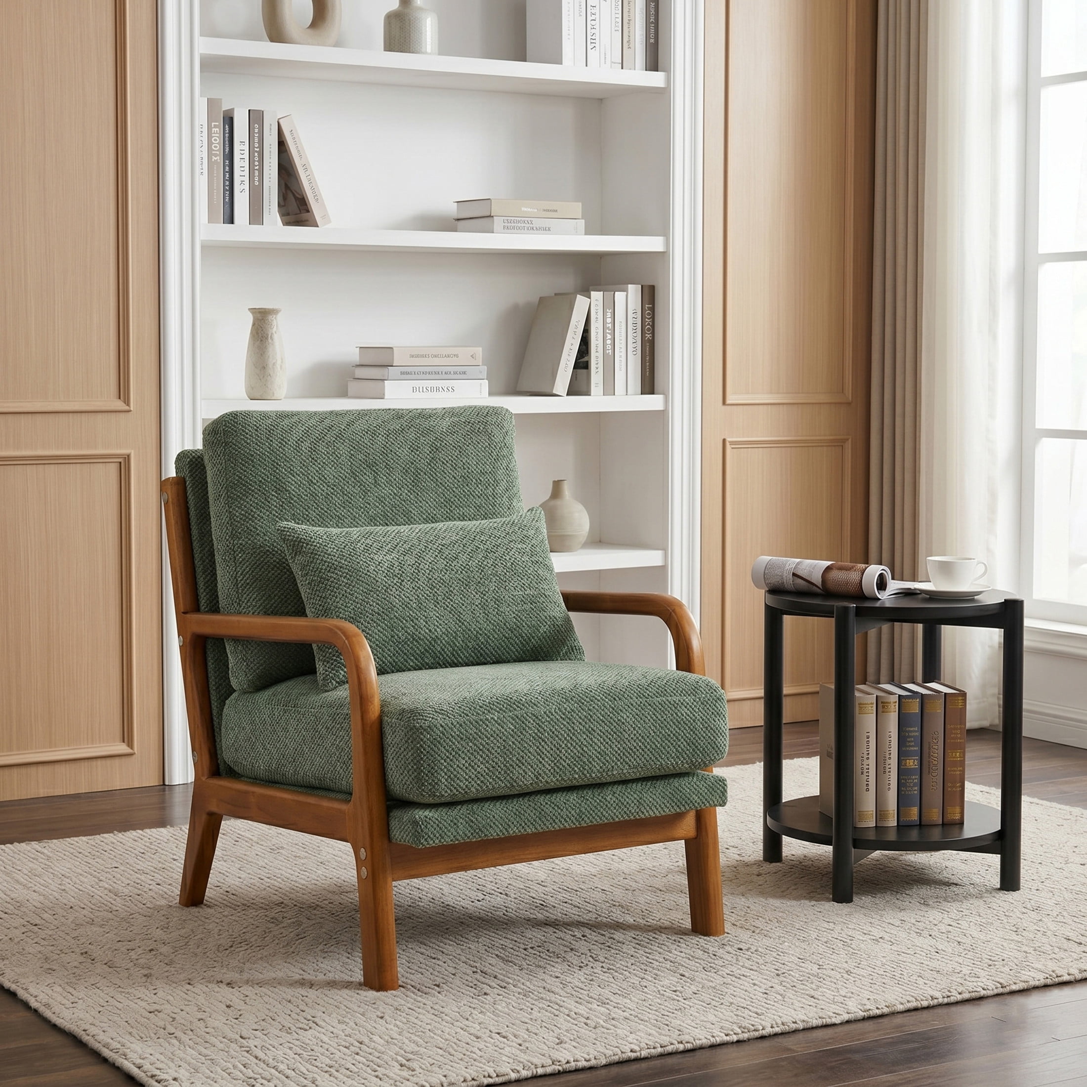 Noble House Mid-Century Modern Lounge Chair, Upholstered Accent Armchair with Solid Wood Frame, Dark Green