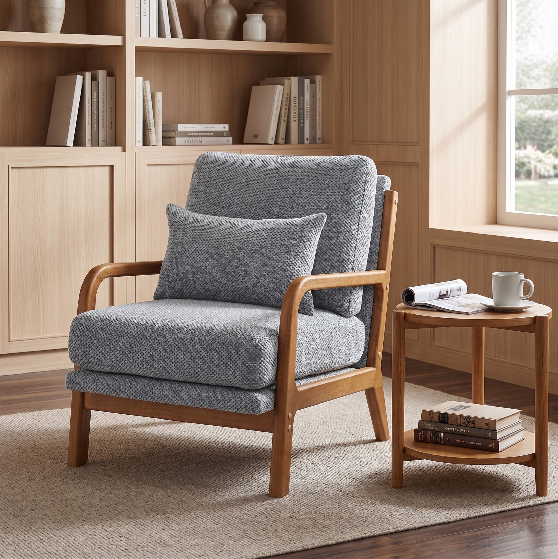 Noble House Mid-Century Modern Lounge Chair, Upholstered Accent Armchair with Solid Wood Frame, Light Gray