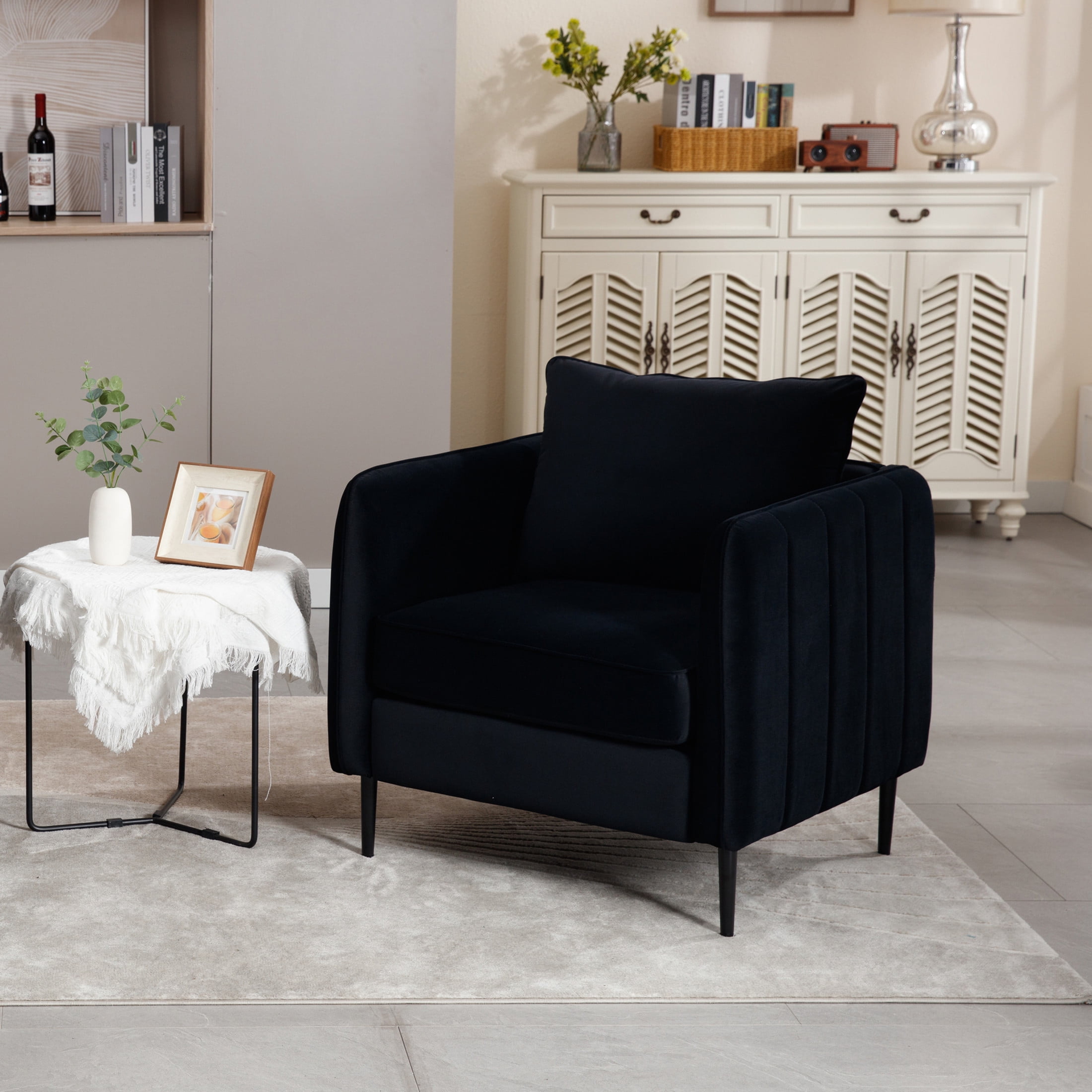 Noble House Mid-Century Modern Velvet Upholstered Accent Chair with Pillow, Metal Legs, Black