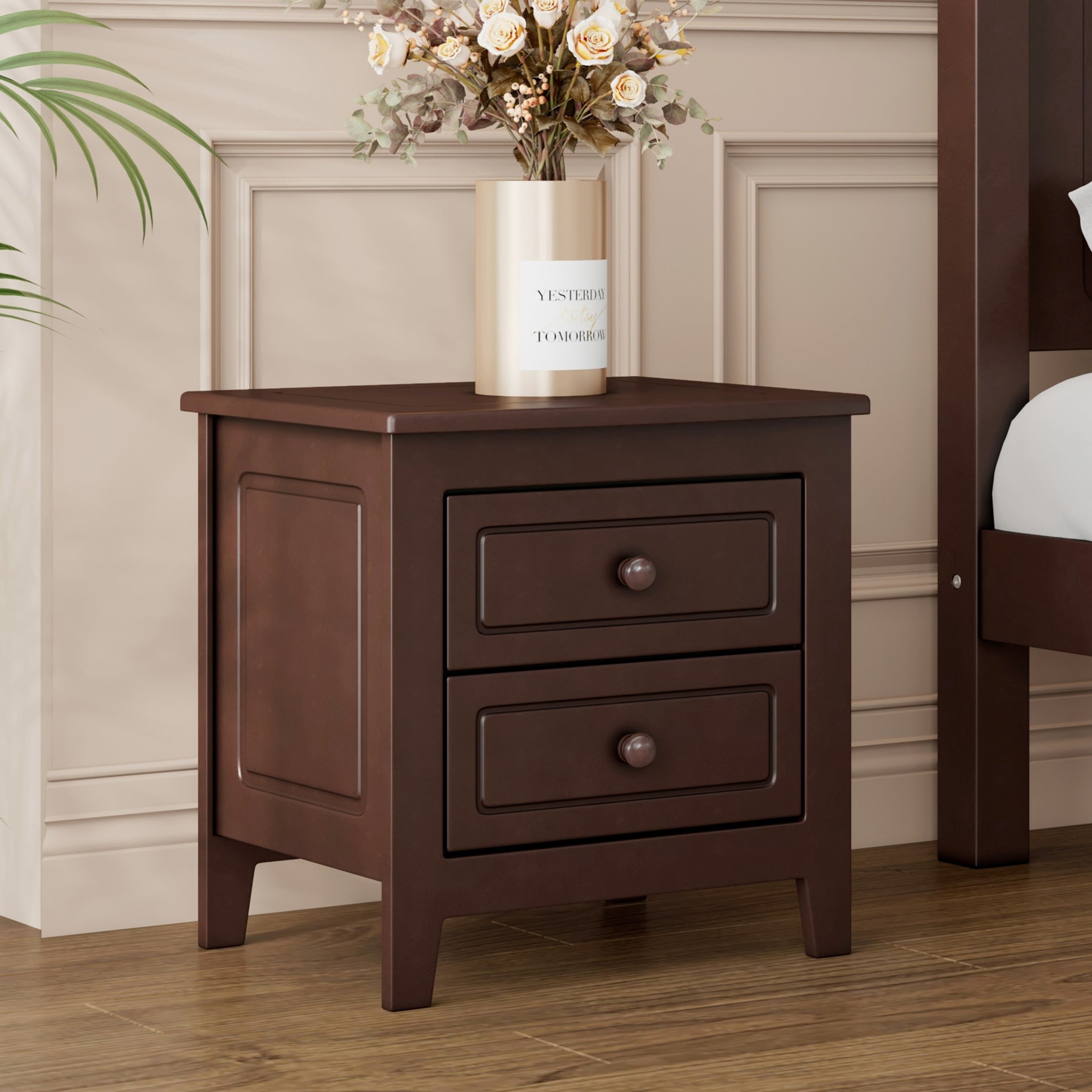 Noble House Mid-Century Nightstand with 2 Drawers, Wooden Bedside Table for Bedroom, Dark Walnut