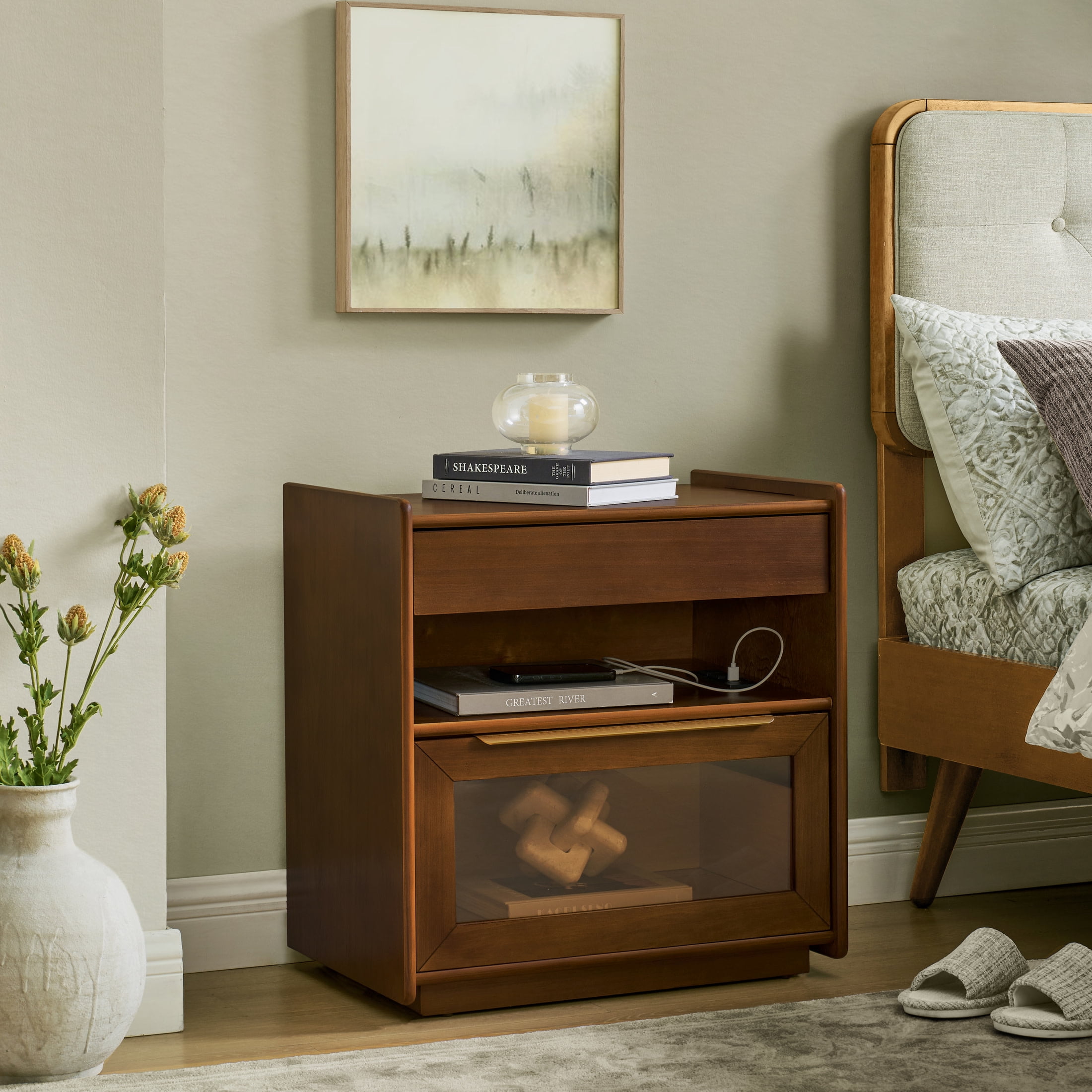 Noble House Mid-Century Nightstand with Charging Station,  Glass Detail & Open Shelf, Farmhouse End Table, Dark Walnut