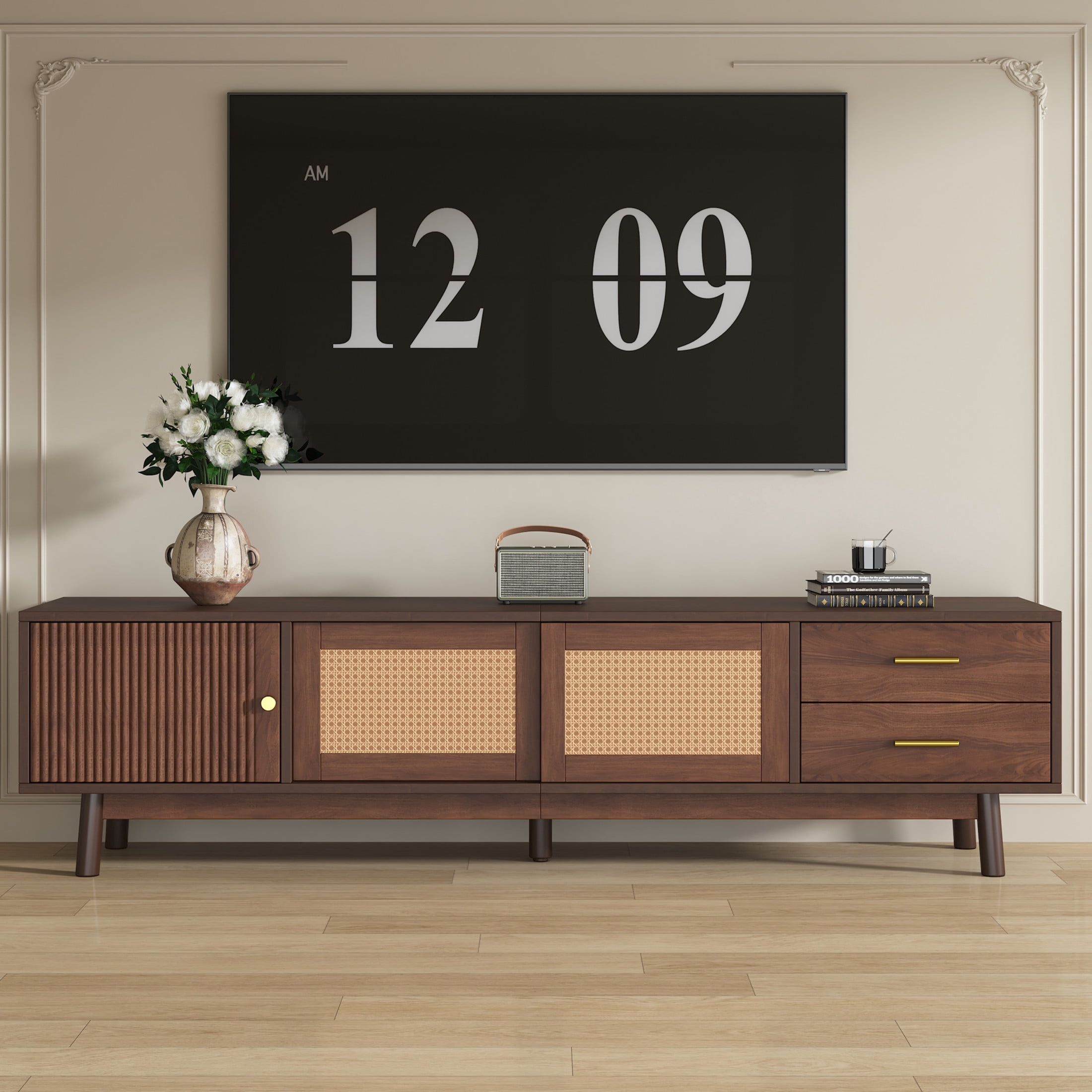 Noble House Mid Century TV Stand for TVs up to 80", Storage Cabinets and Drawers, Dark Brown