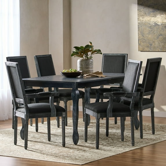 Noble House Midland Fabric Upholstered Wood Expandable 7 Piece Dining Set, Gray and Black
