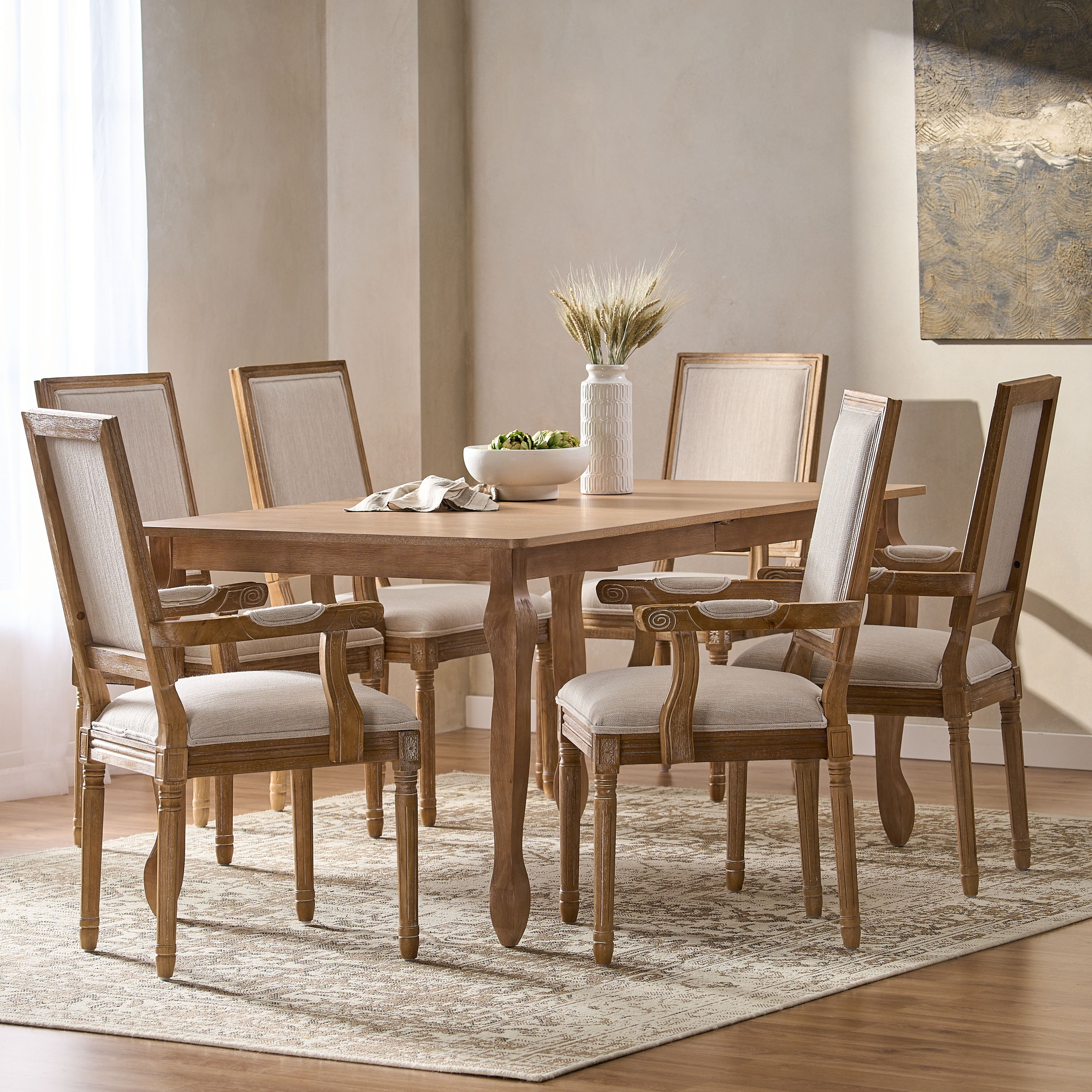 Noble House Midland Fabric Upholstered Wood Expandable 7 Piece Dining Set, Natural Brown and Beige