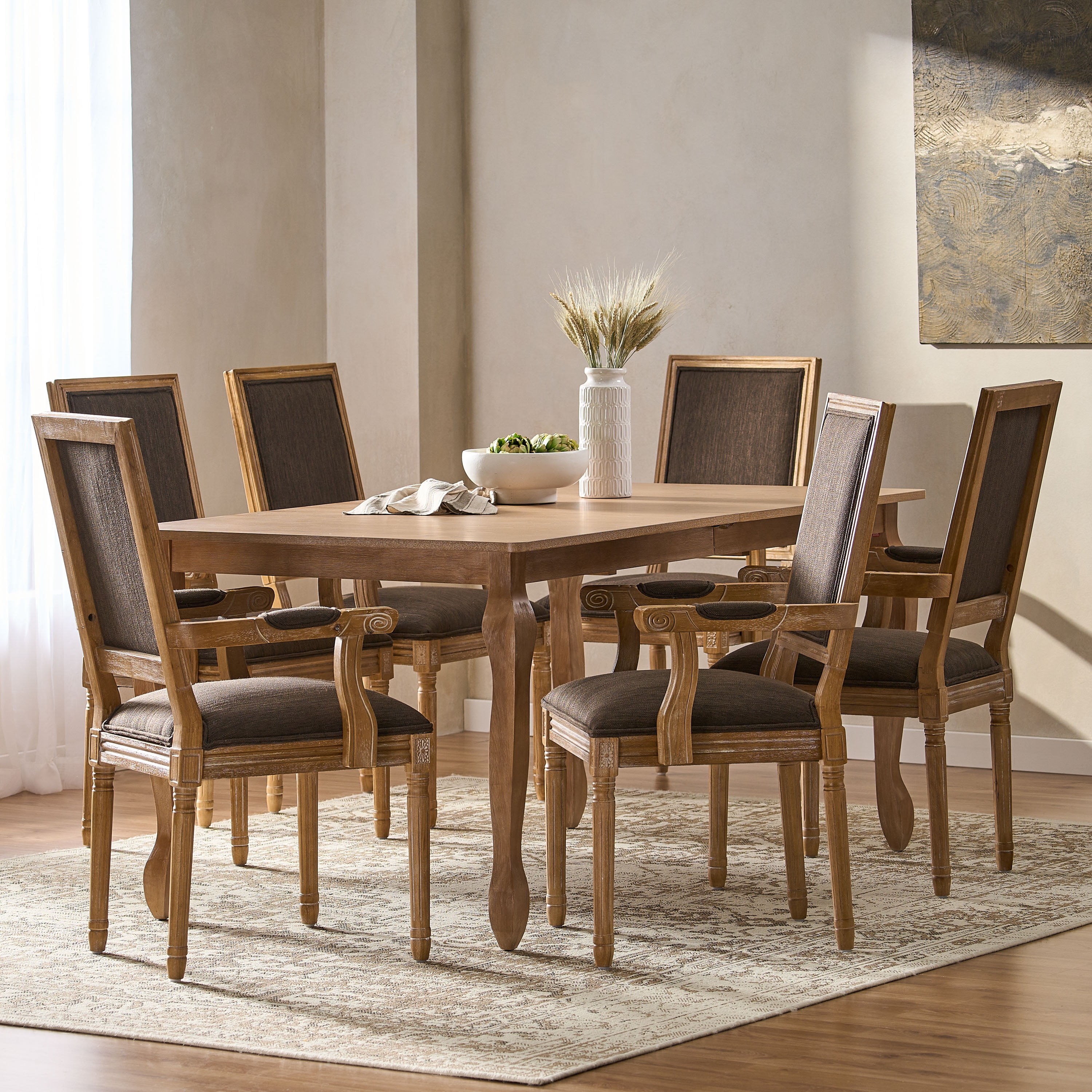 Noble House Midland Fabric Upholstered Wood Expandable 7 Piece Dining Set, Natural Brown and