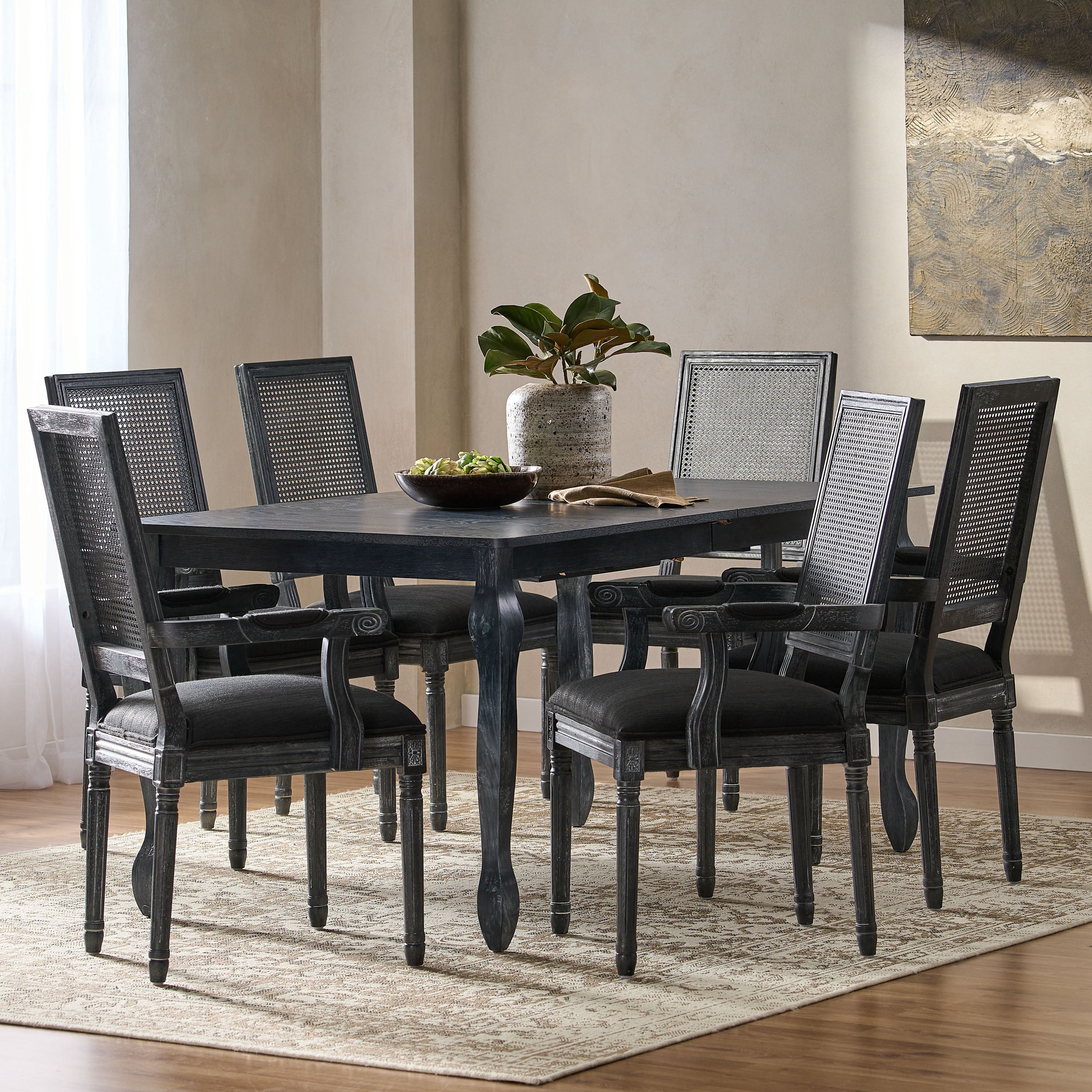 Noble House Midland Fabric Upholstered Wood and Cane Expandable 7 Piece Dining Set, Gray and Black