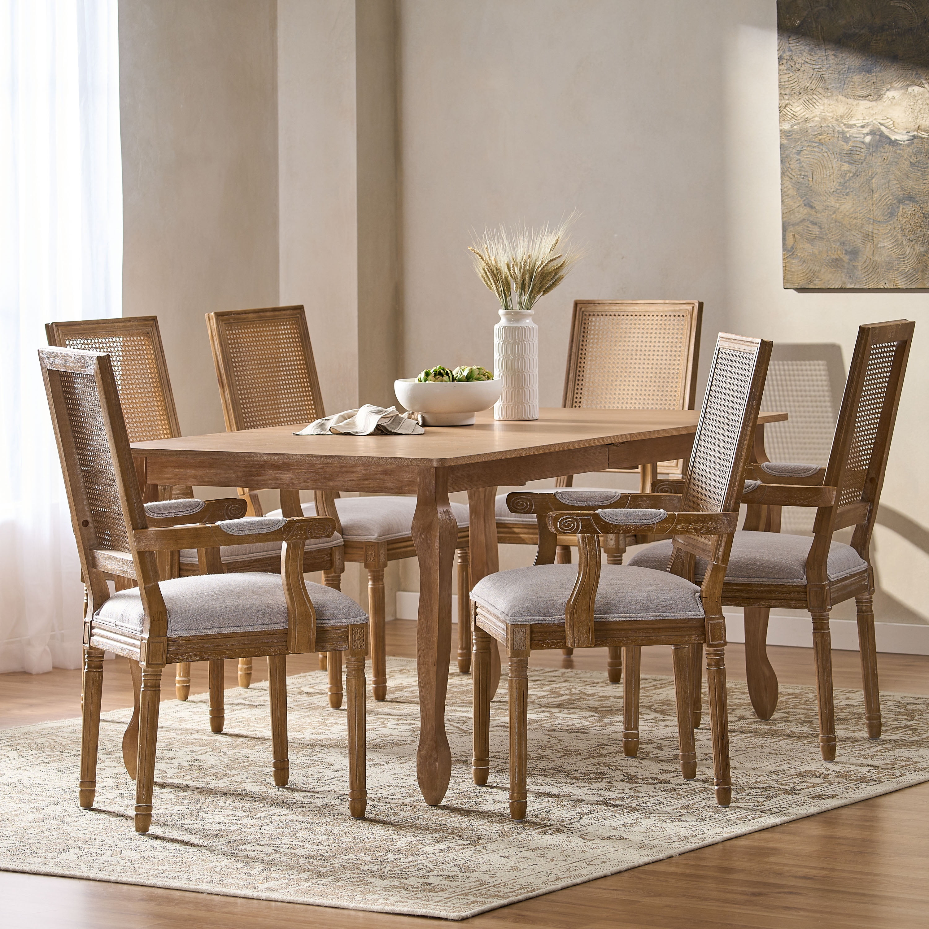 Noble House Midland Fabric Upholstered Wood and Cane Expandable 7 Piece Dining Set, Natural Brown and Light Gray