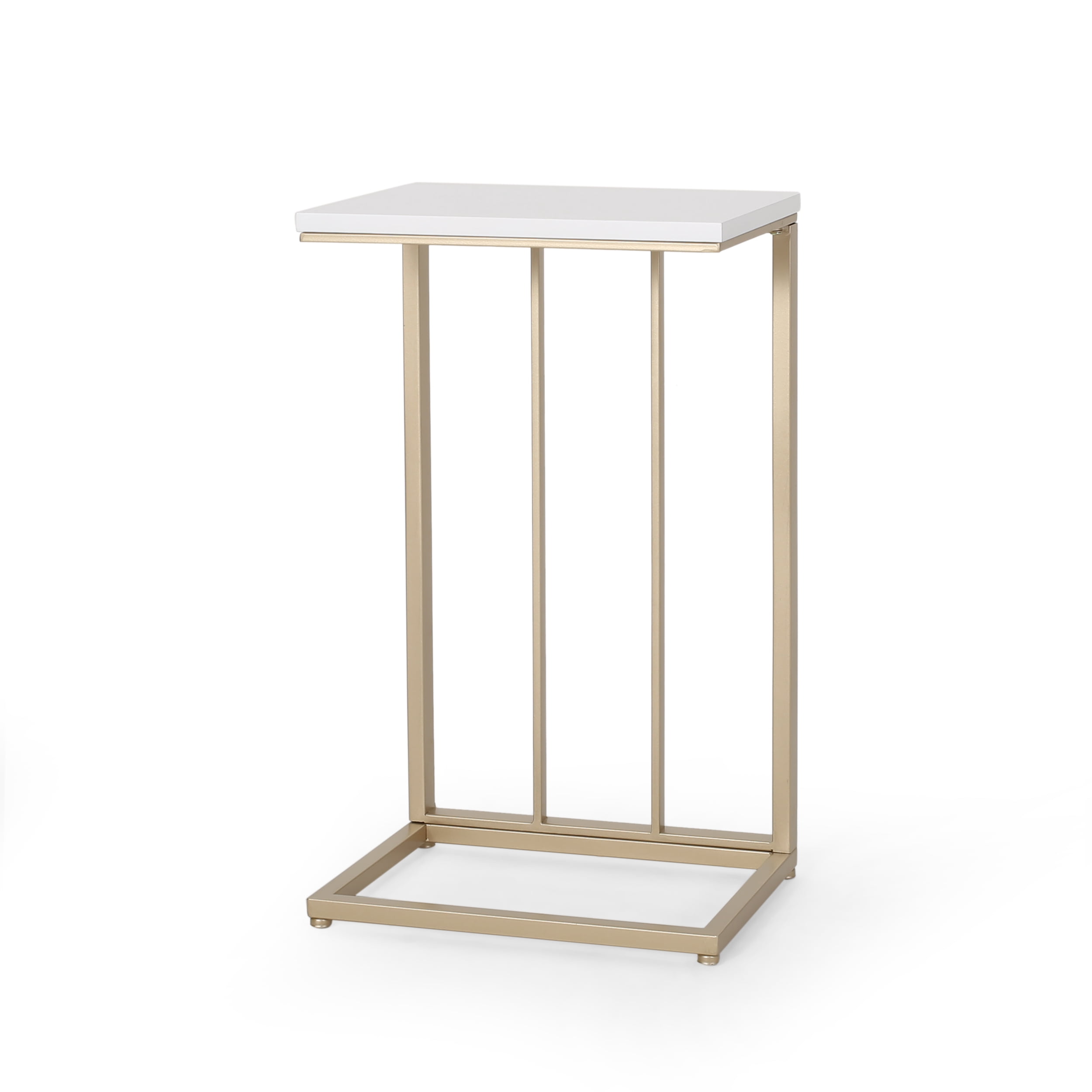 Noble House Miguel Modern Glam Faux Wood End Table, White, Champagne Gold
