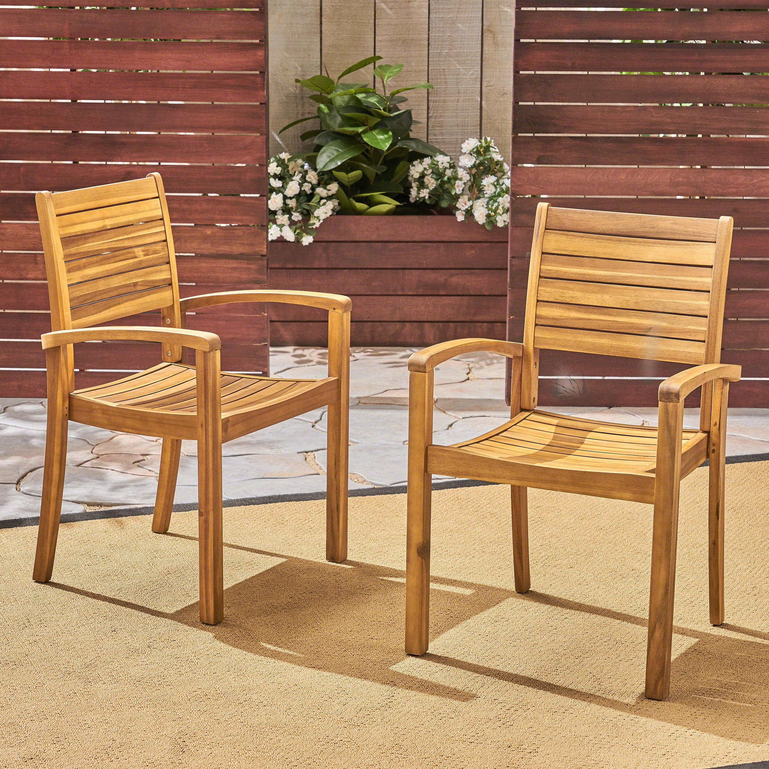 Farmhouse Teak Brown Acacia Wood Dining Chairs, Set of 2