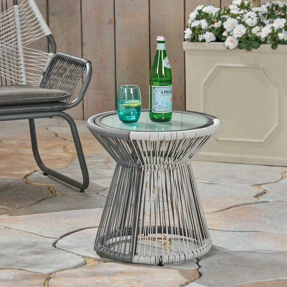 Noble House Milan Outdoor Faux Rattan Side Table w/ Glass Top Gray