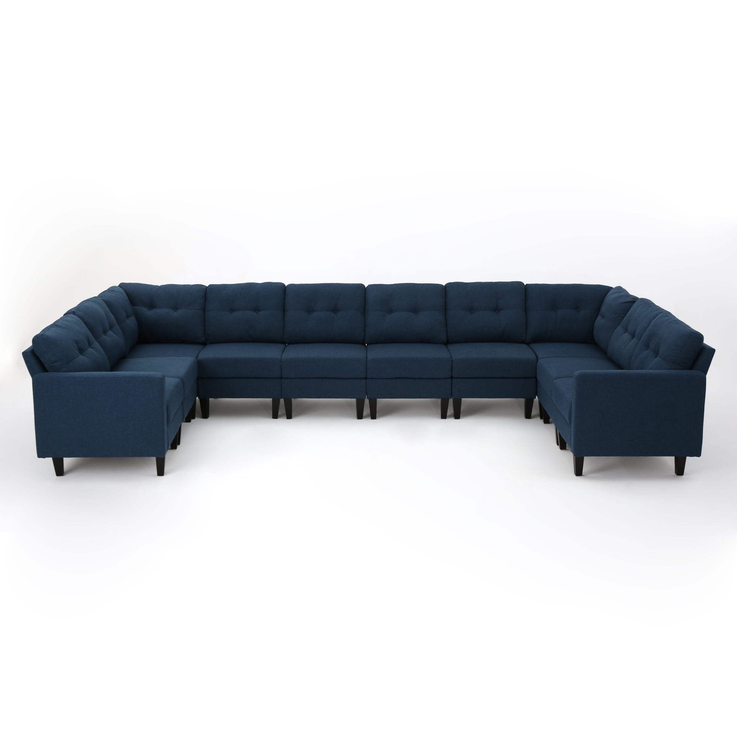 Noble House Miller Contemporary 10 Piece Fabric Sectional Sofa, Navy Blue, Dark Brown