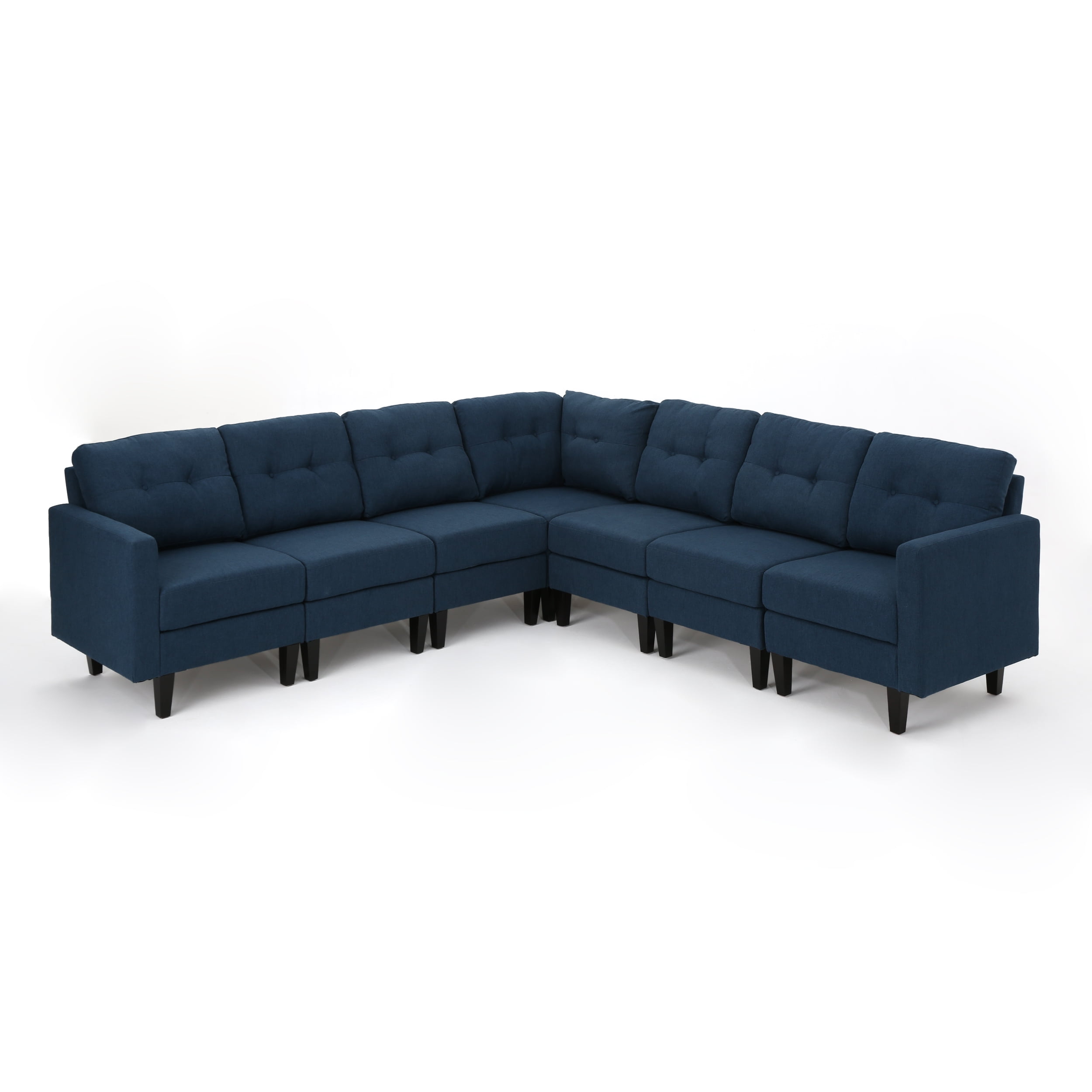 Noble House Miller Contemporary 7 Piece Fabric Extended Sectional Sofa, Navy Blue