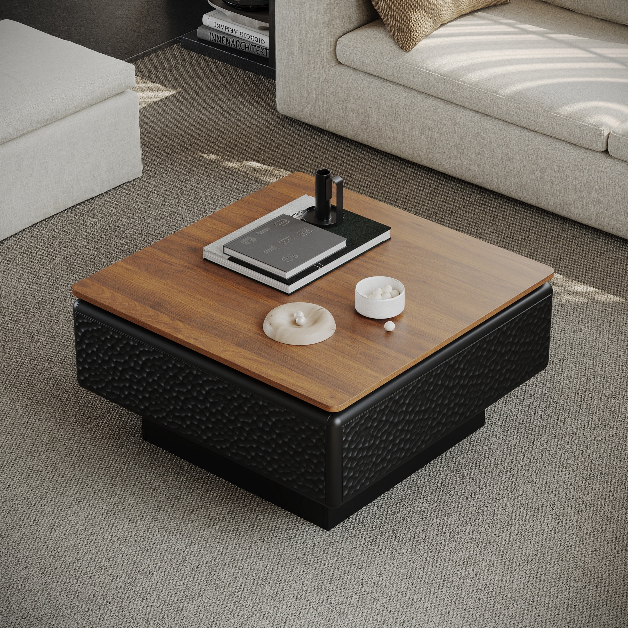 Noble House Millo 31" Square Lift-Top Coffee Table with Hidden Storage, Hammered Texture Center Table, Black & Brown