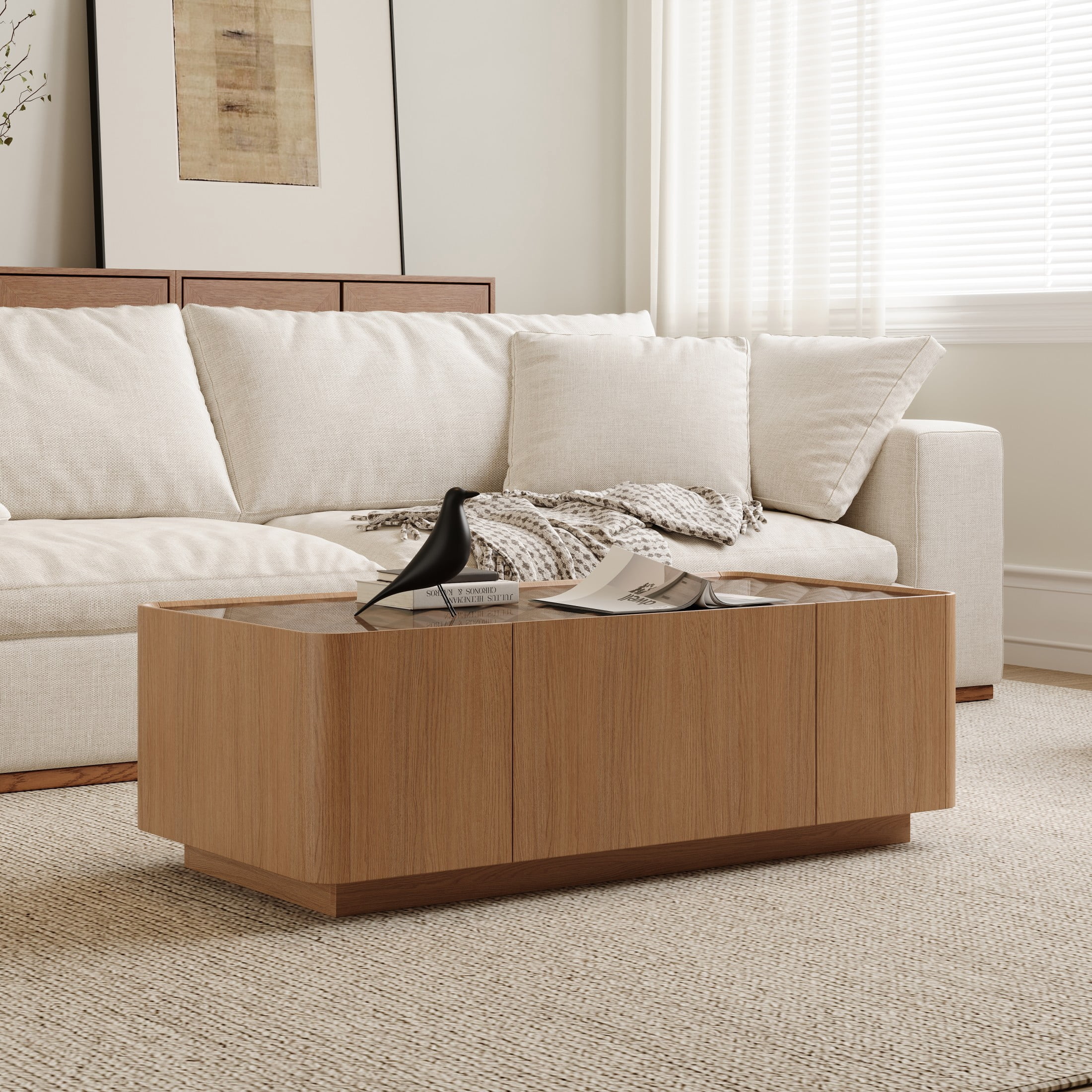 Noble House Millo 46.8" Rectangle Wooden Coffee Table with Tempered Glass Top & Storage Drawers for Living Room, Walnut