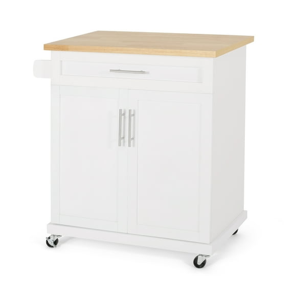 Noble House Mingo Indoor 32-inch Kitchen Storage Cart with Wheels, Natural and White