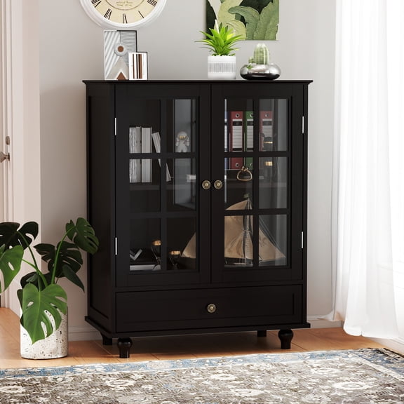 Noble House Minimalist Buffet Cabinet with Glass Doors and Drawer, Sideboard Cupboard for Dining Room, Black
