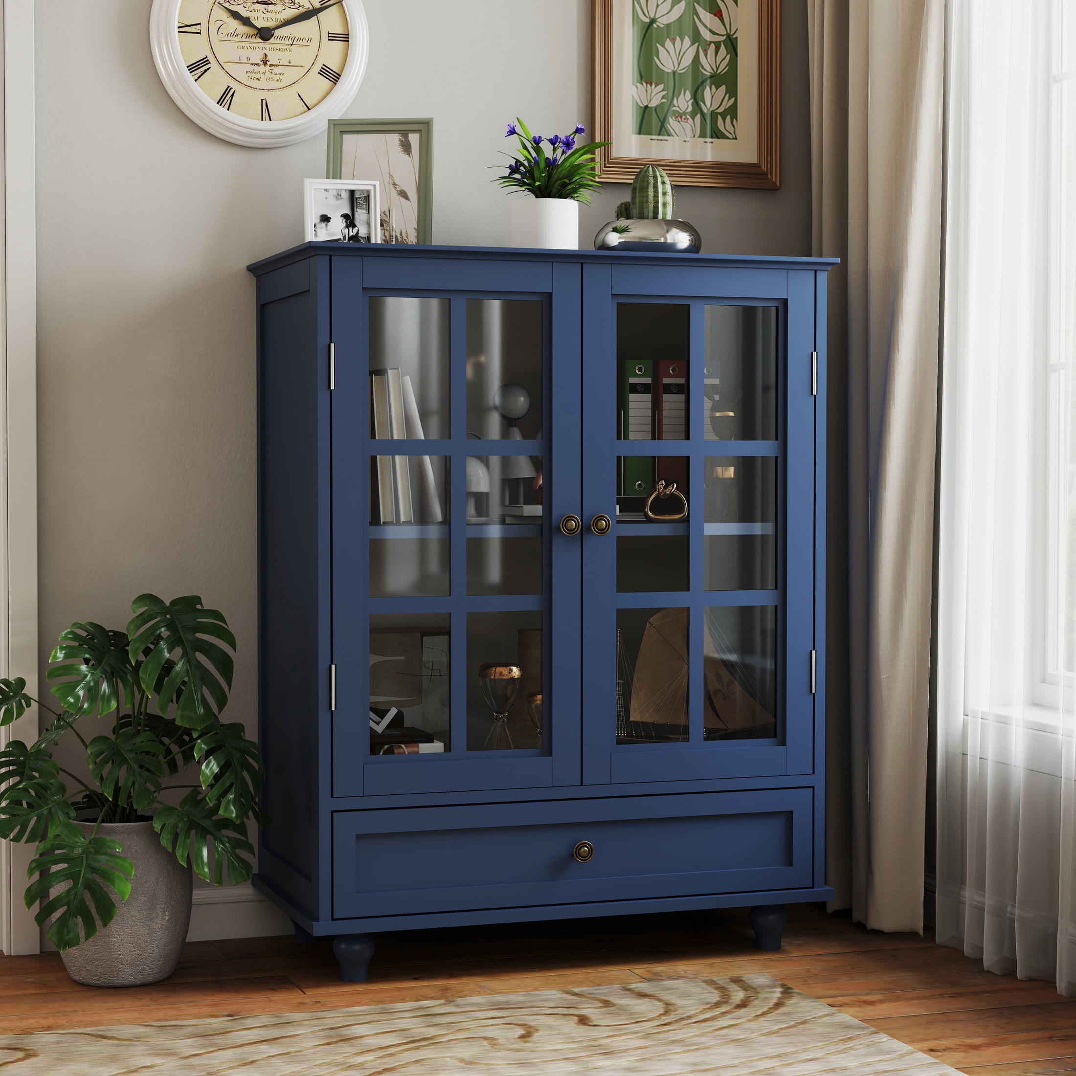 Noble House Minimalist Buffet Cabinet with Glass Doors and Drawer, Sideboard Cupboard for Dining Room, Vintage Blue