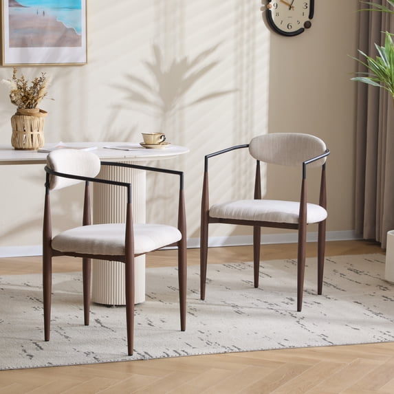 Noble House Minimalist Fabric Upholstered Dining Chairs with Metal Frame, Walnut+Black, Set of 2